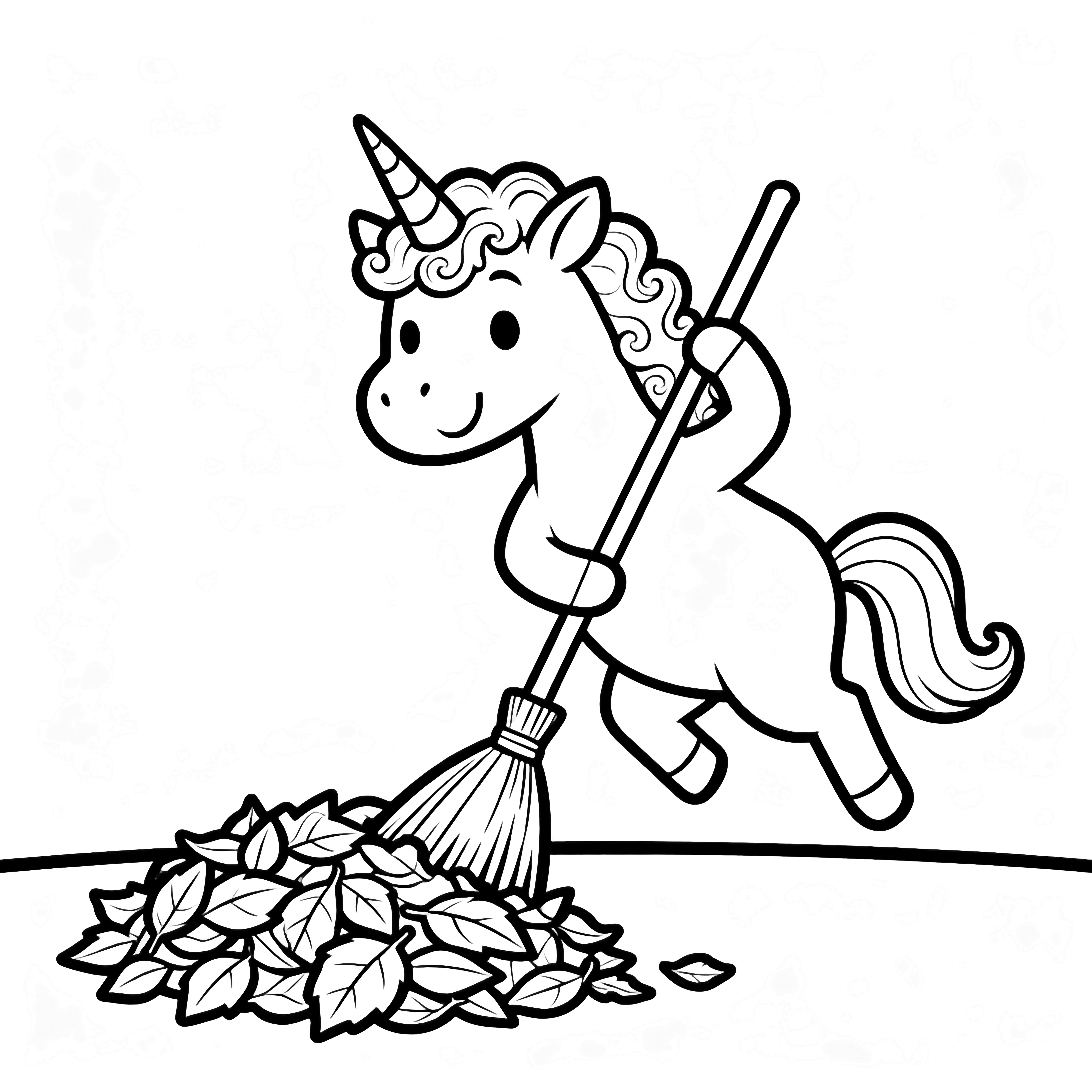 A joyful unicorn rears on hind legs, sweeping a big leaf pile with a broom, curly mane and single horn prominent. kleurplaat