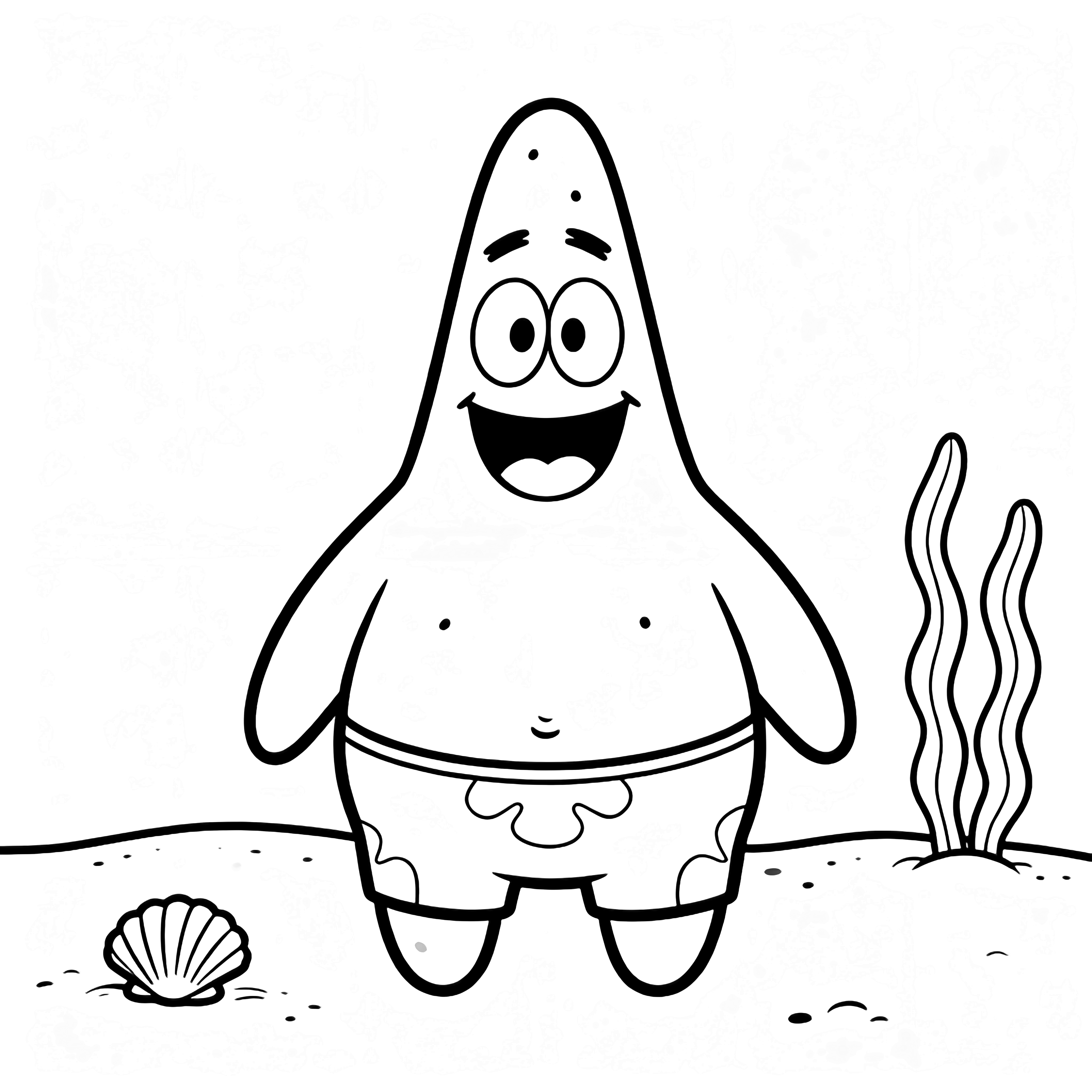 Patrick Star staat gecentreerd op de zeebodem, glimlachend opgewekt, met een klein mosselschelpje en twee golvende zeewierstengels in de buurt. kleurplaat