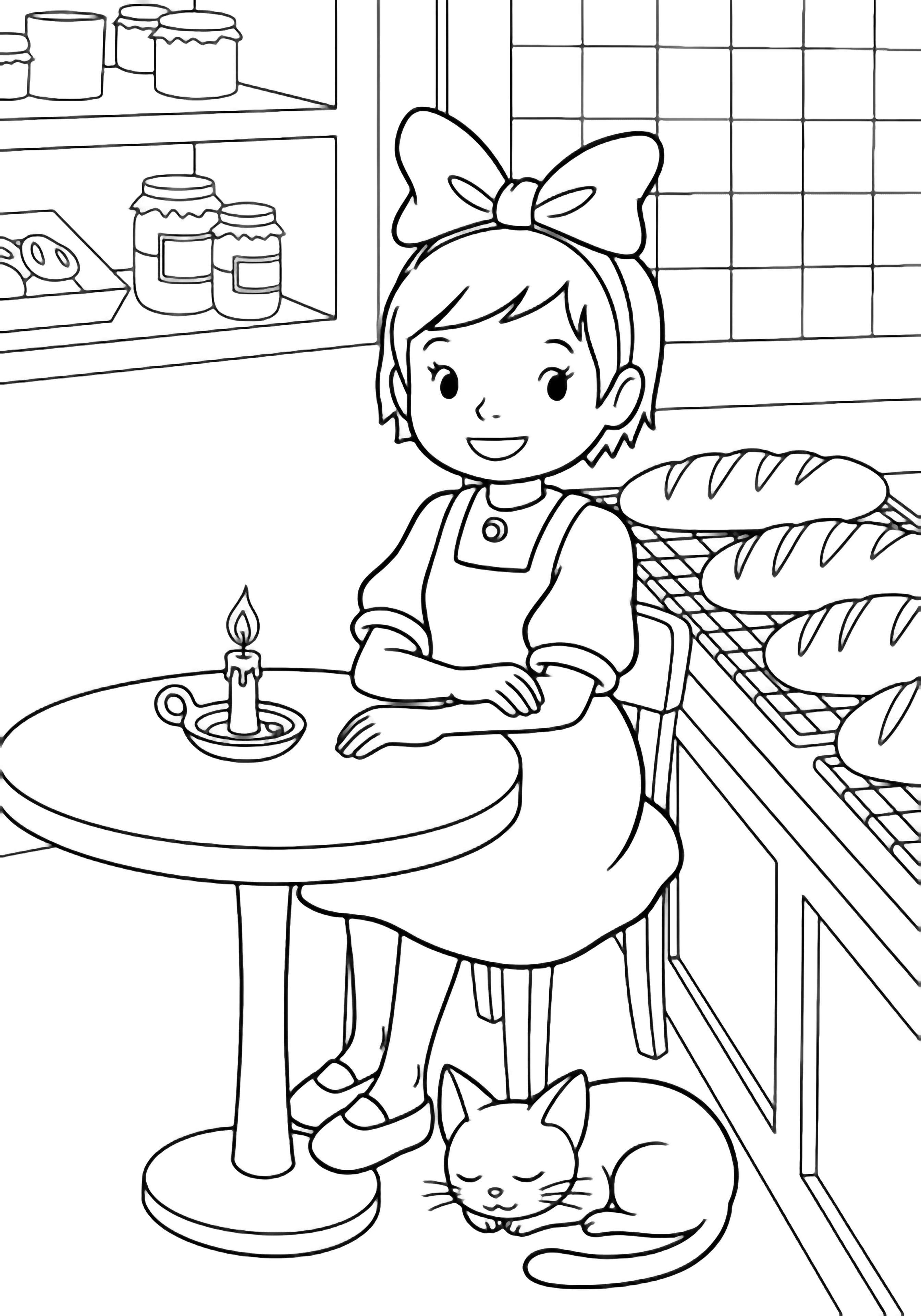 Kiki smiles at a bakery table while loaves cool nearby; Jiji naps at her feet, a candle flickers, and simple shelves line a checked wall. kleurplaat