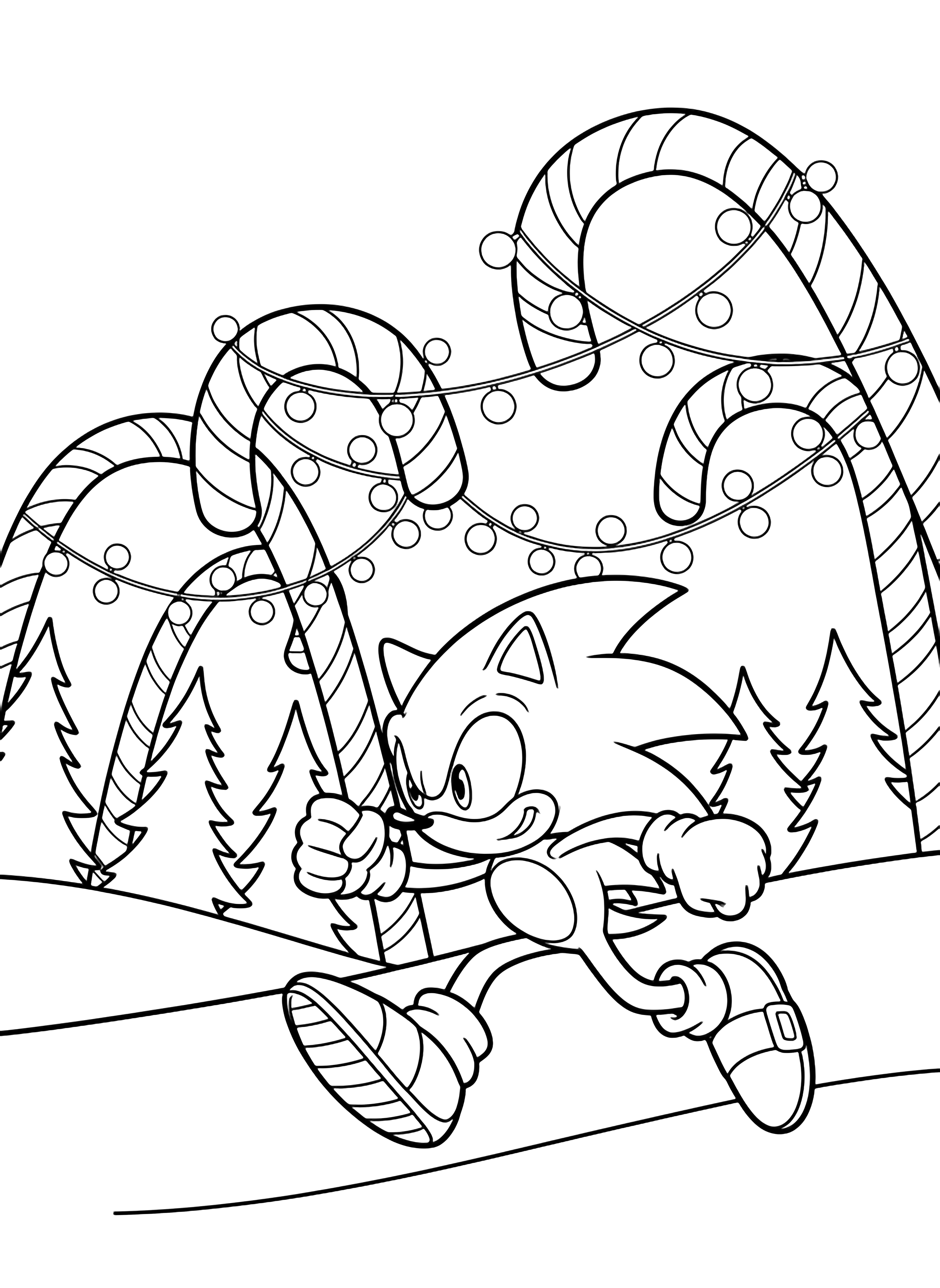 illustration on a Sonic dashes across a blank snow hillside candy cane arches overhead string lights looping between simple pine trees; his spikes gloves shoes outlined boldly empty spaces ready to color no fills or shading kleurplaat
