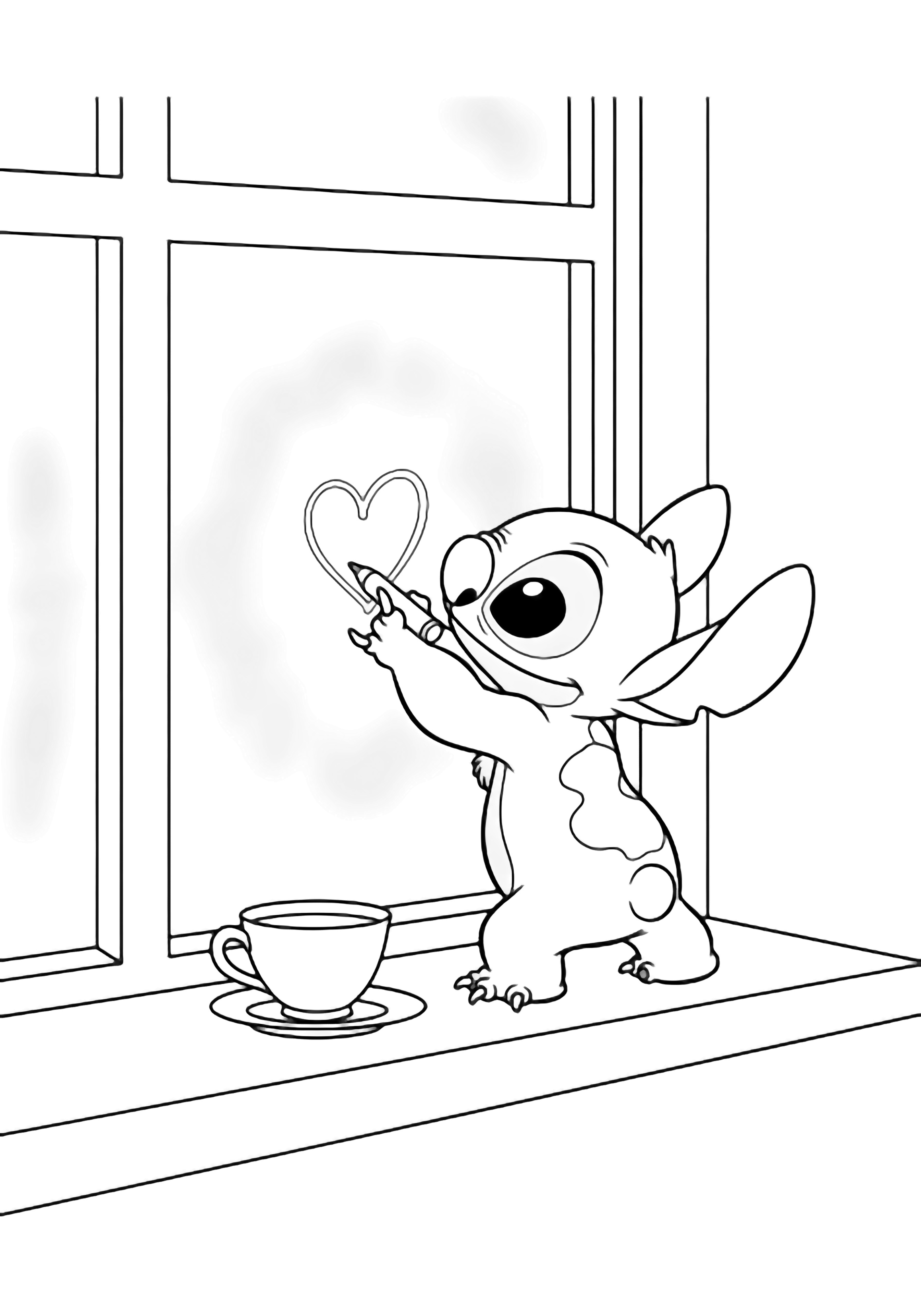 Stitch sits on a window seat, happily drawing hearts on the fogged glass; a round teacup and saucer rest nearby. kleurplaat