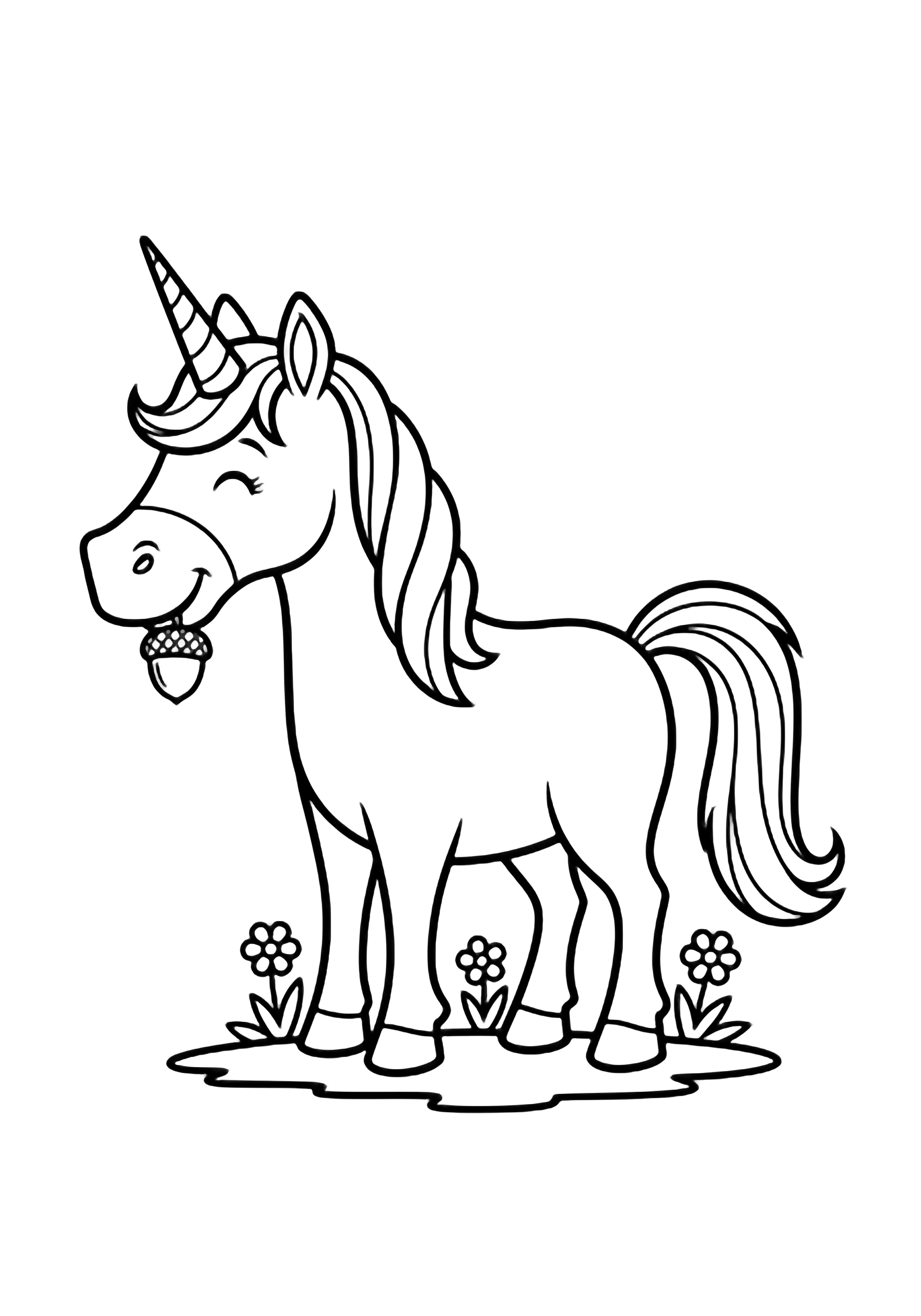 Een glimlachende eenhoorn houdt een eikel in zijn mond, staand op een grondlijn met kleine bloemetjes rond zijn hoeven. kleurplaat