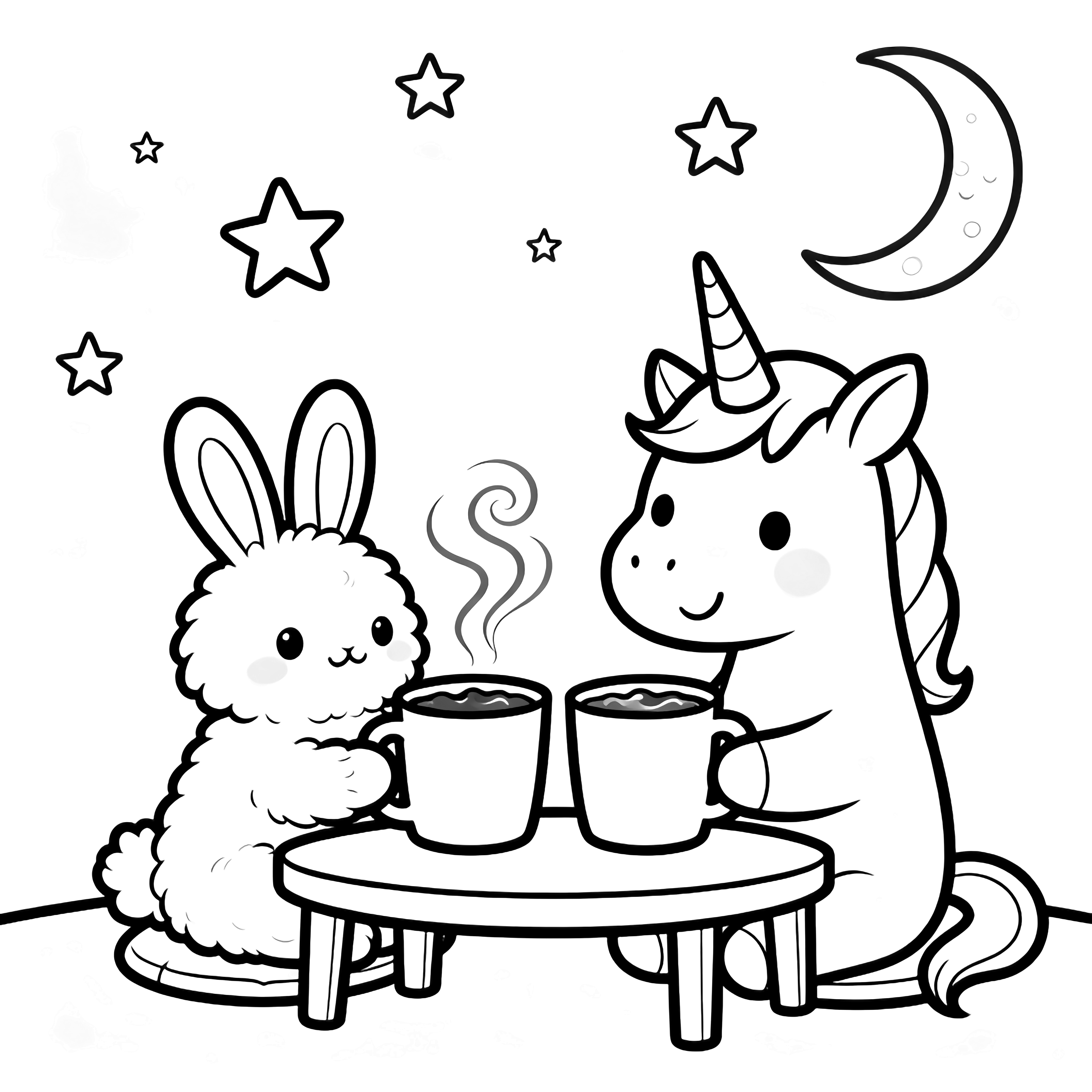 A smiling unicorn and a fluffy bunny sit at a small table, sharing a large mug of hot chocolate; steam swirls above with stars and a crescent moon behind. kleurplaat