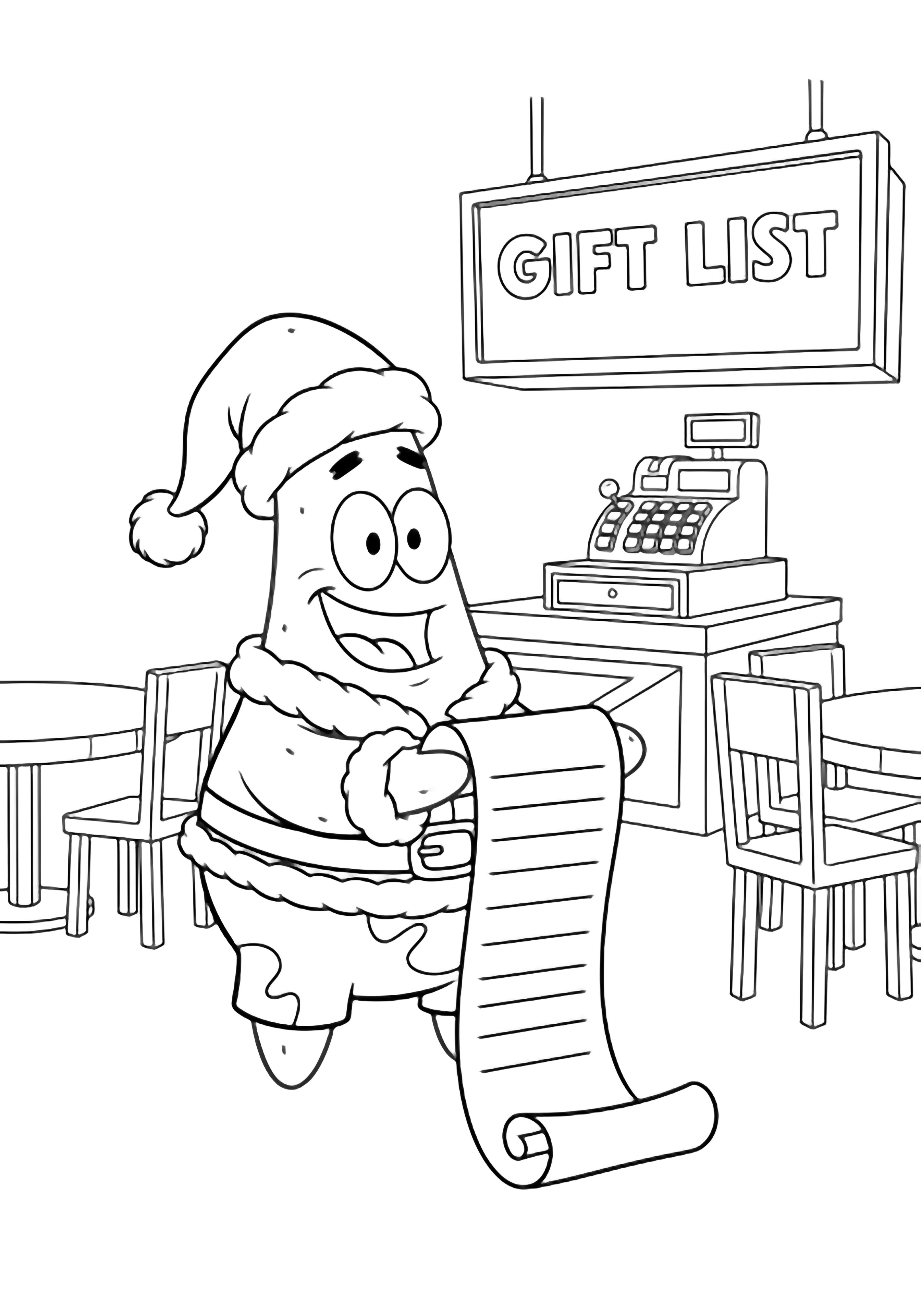 Patrick Star in Santa suit stands inside the Krusty Krab holding a long scroll, tables and register nearby, "Gift List" sign above. kleurplaat