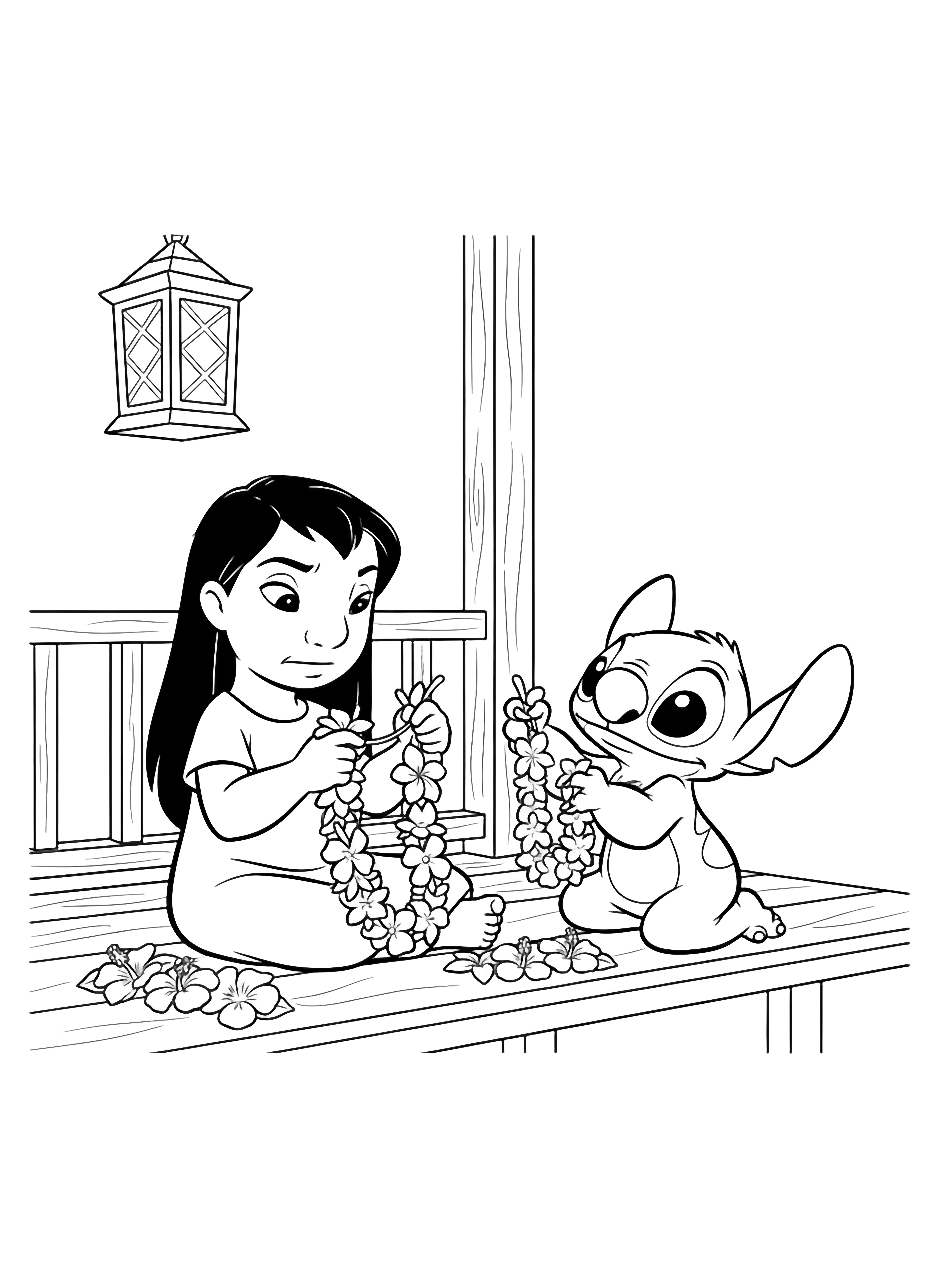illustration on a Lilo sits cross legged on the porch floor hands threading blossoms into a lei while Stitch kneels beside her holding a string of flowers; simple planks railings and a hanging lantern frame the cozy scene all in bold open outlines clean black kleurplaat