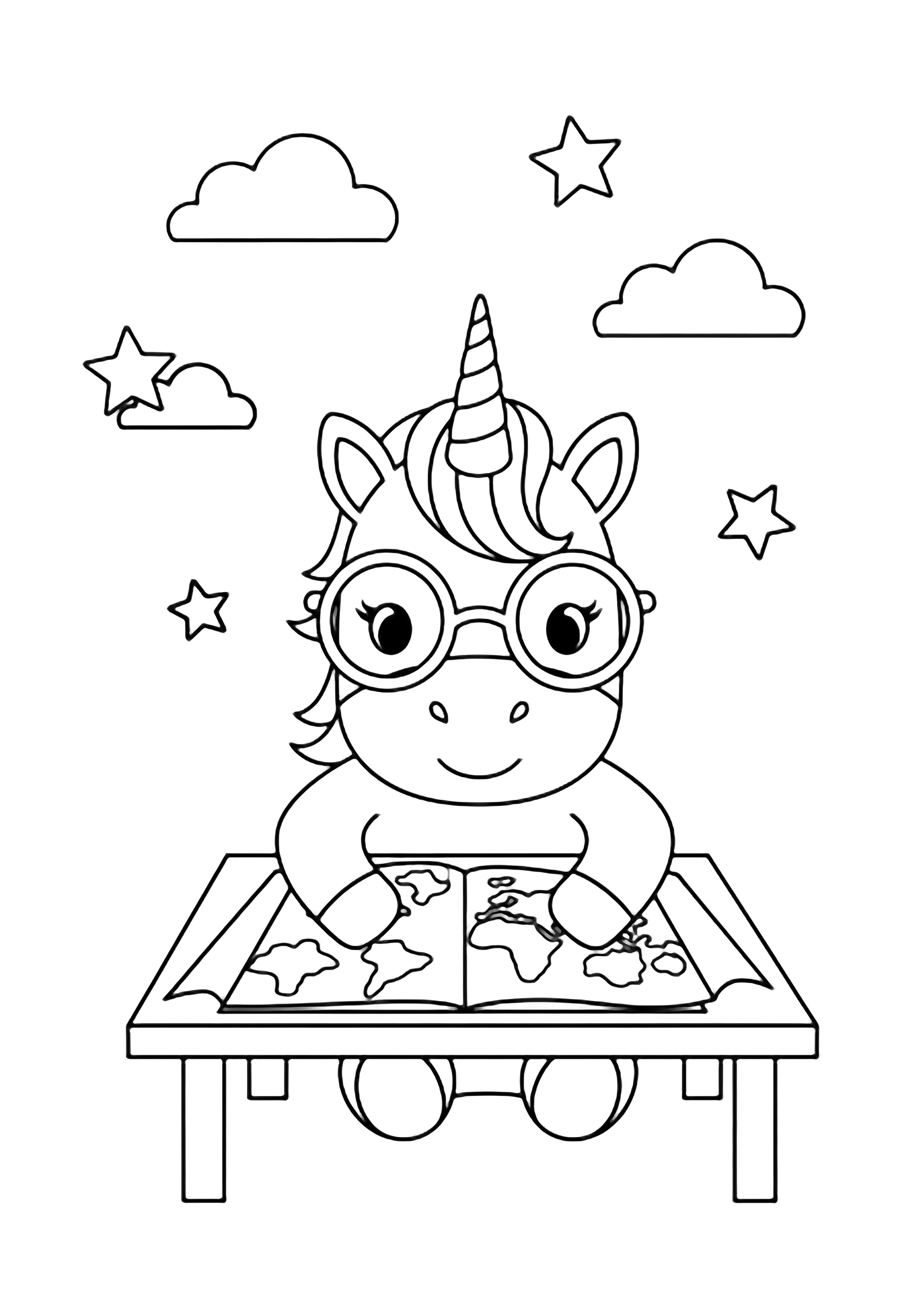 A bespectacled unicorn sits at a tiny desk studying a large open map, with simple stars and clouds floating behind. kleurplaat