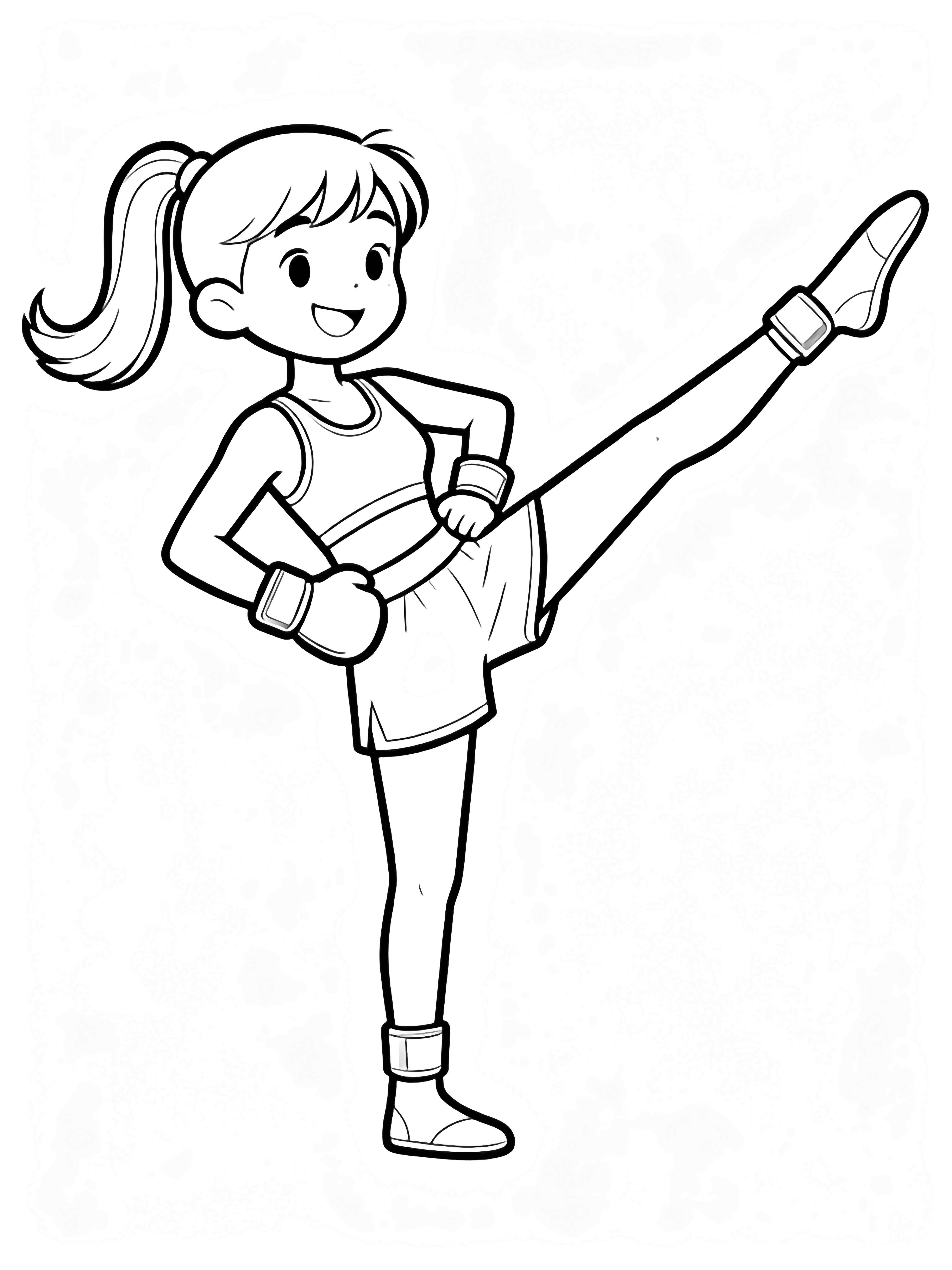 A cheerful kickboxer balances on one leg, stretching the other high forward, ponytail swinging, gloved hands on hips. kleurplaat