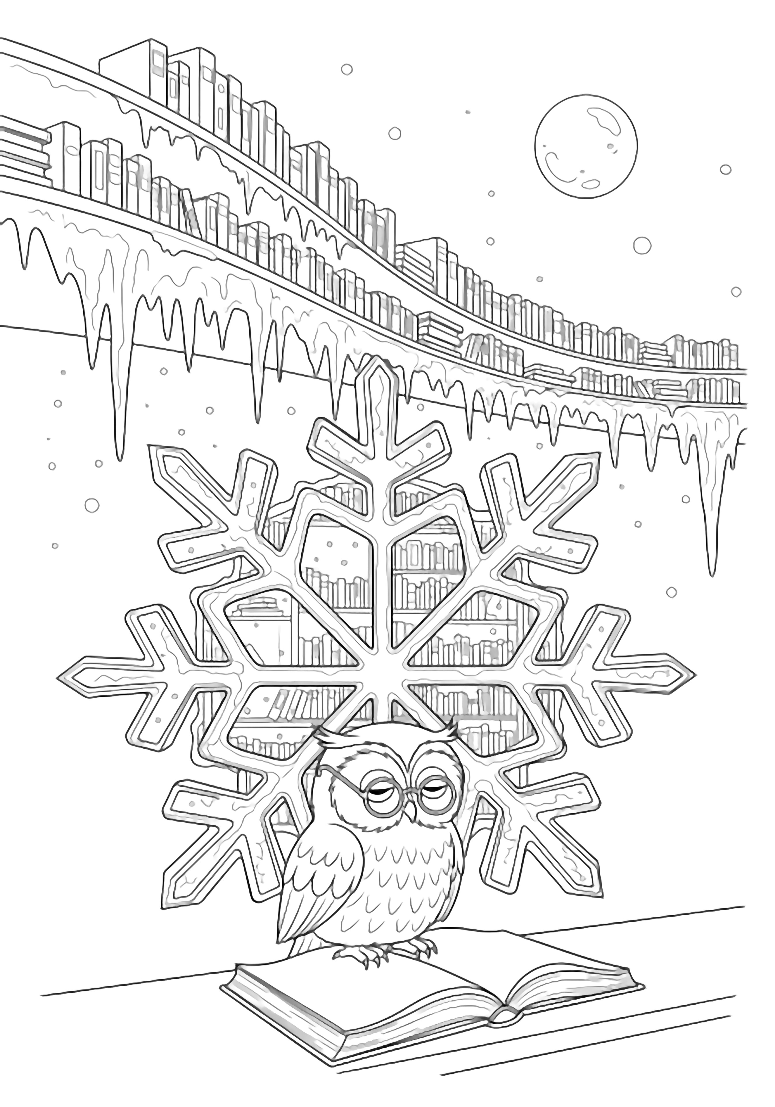 A drowsy bespectacled owl perched on an open book within a snowflake-shaped library, icicle shelves curving overhead while snowflakes drift under a gentle moon. kleurplaat