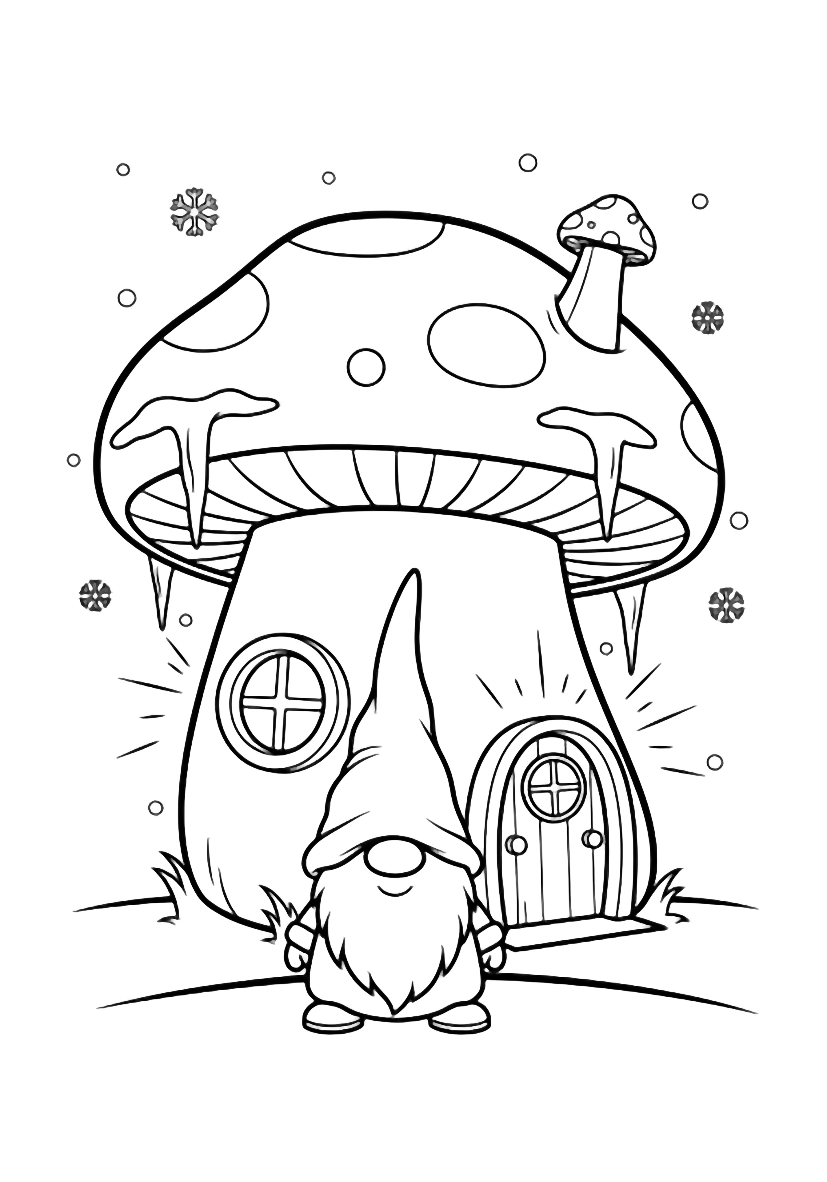 Cheerful gnome in floppy hat stands before a round-capped mushroom house; icicles hang from roof, tiny door and window, light-rays, snowflakes drift above ground. kleurplaat