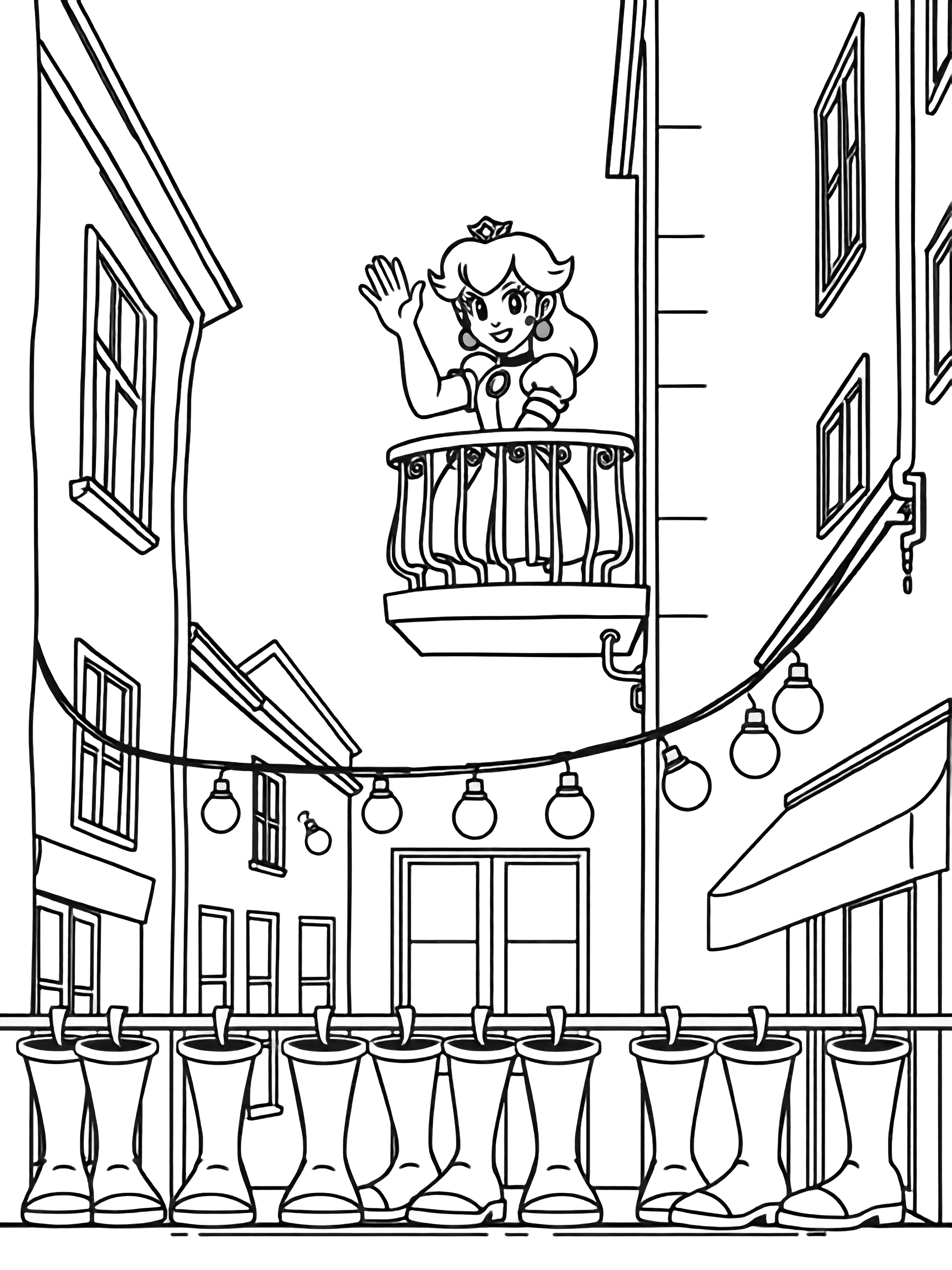Princess Peach waves from a balcony above canal houses with stepped gables; empty boots line the quay and simple light strings hang overhead. kleurplaat