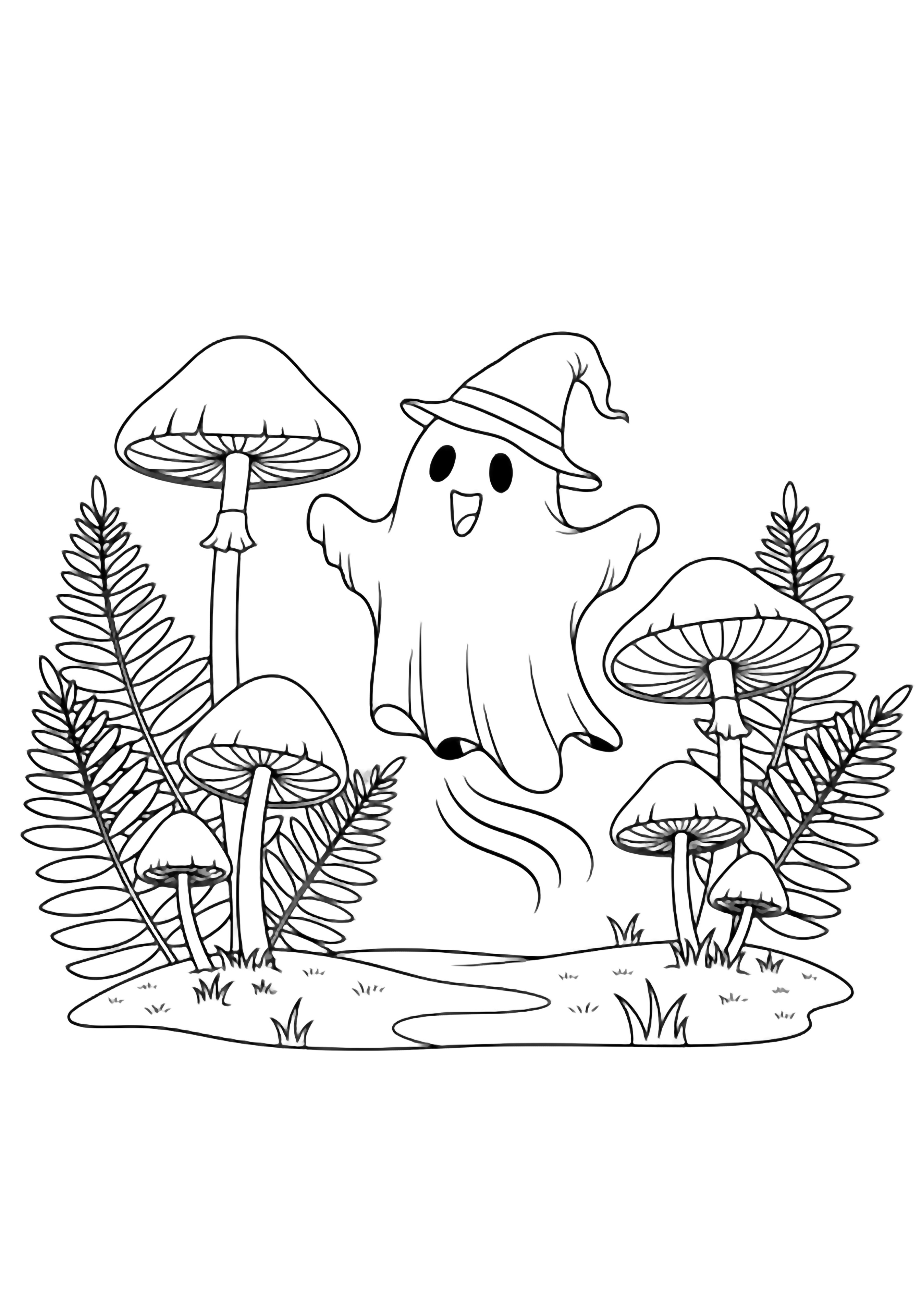A smiling ghost floats with arms wide among tall mushrooms and large ferns, tiny grass tufts and soft forest curves surrounding it. kleurplaat