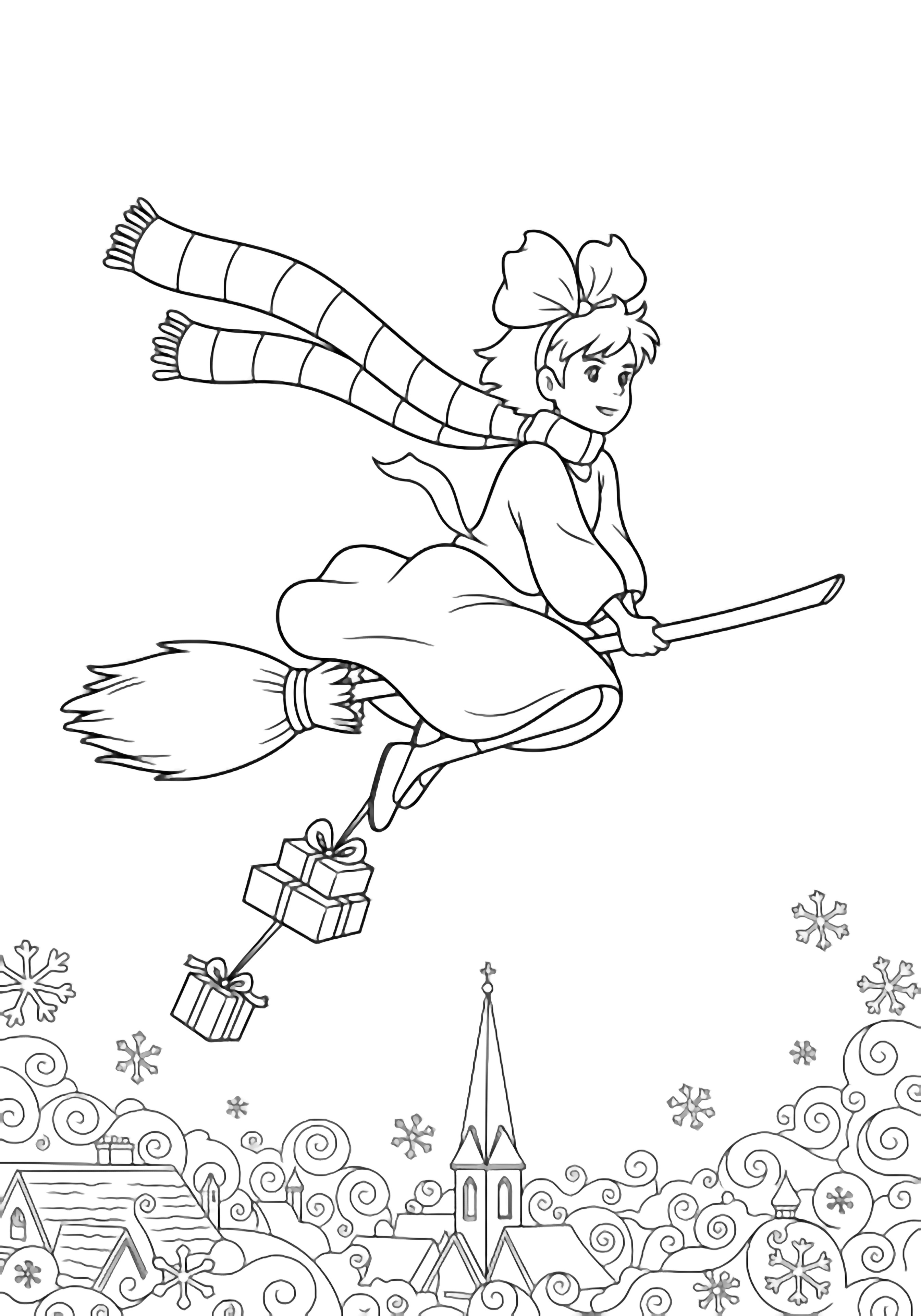 Kiki glides left to right on her broom, striped scarf fluttering; gift bundle hangs beneath while snow swirls above rooftops and a church spire. kleurplaat