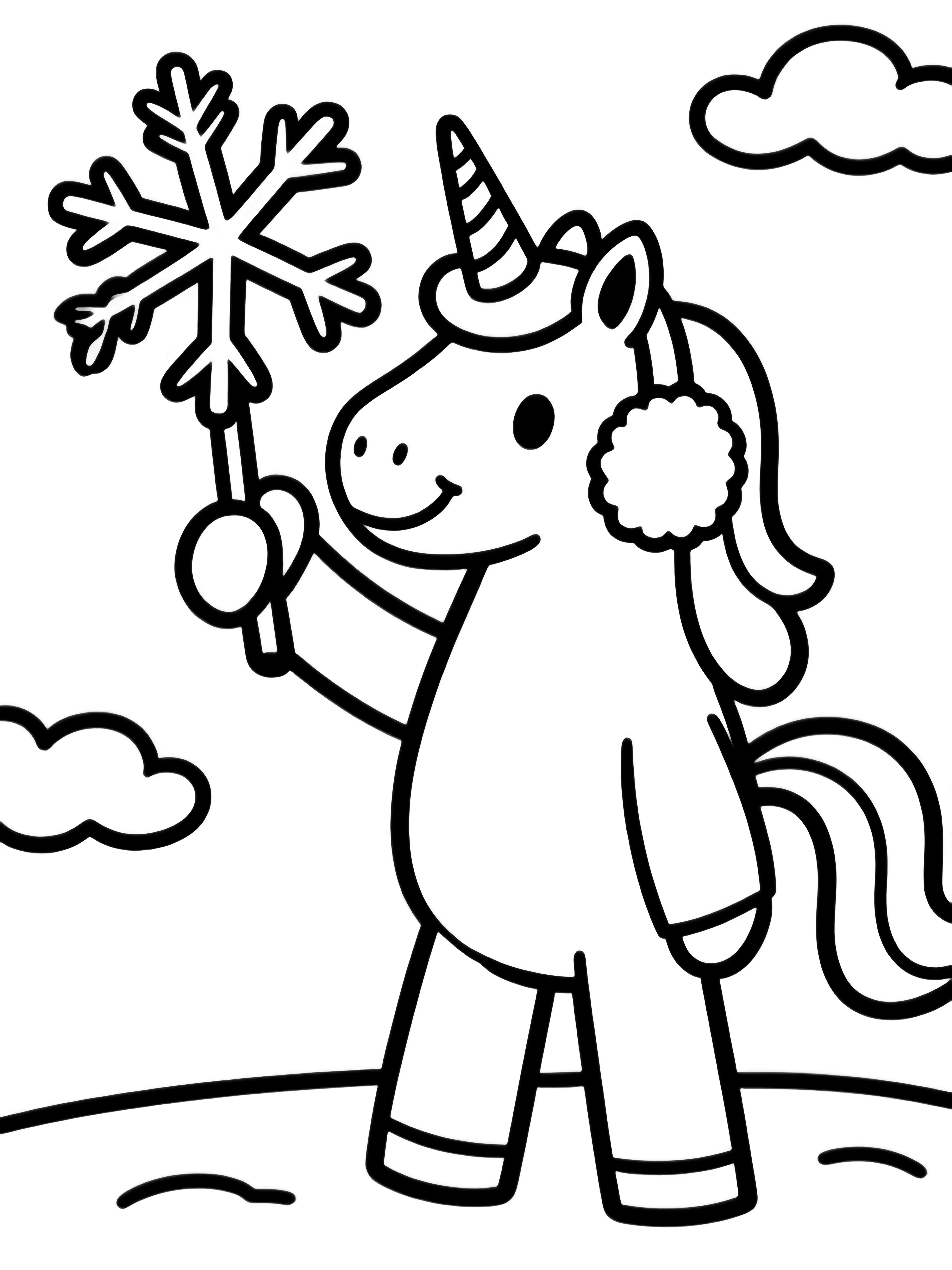 A smiling unicorn wearing chunky earmuffs holds up a large six-point snowflake; two clouds and light swirls float above a simple ground line. kleurplaat