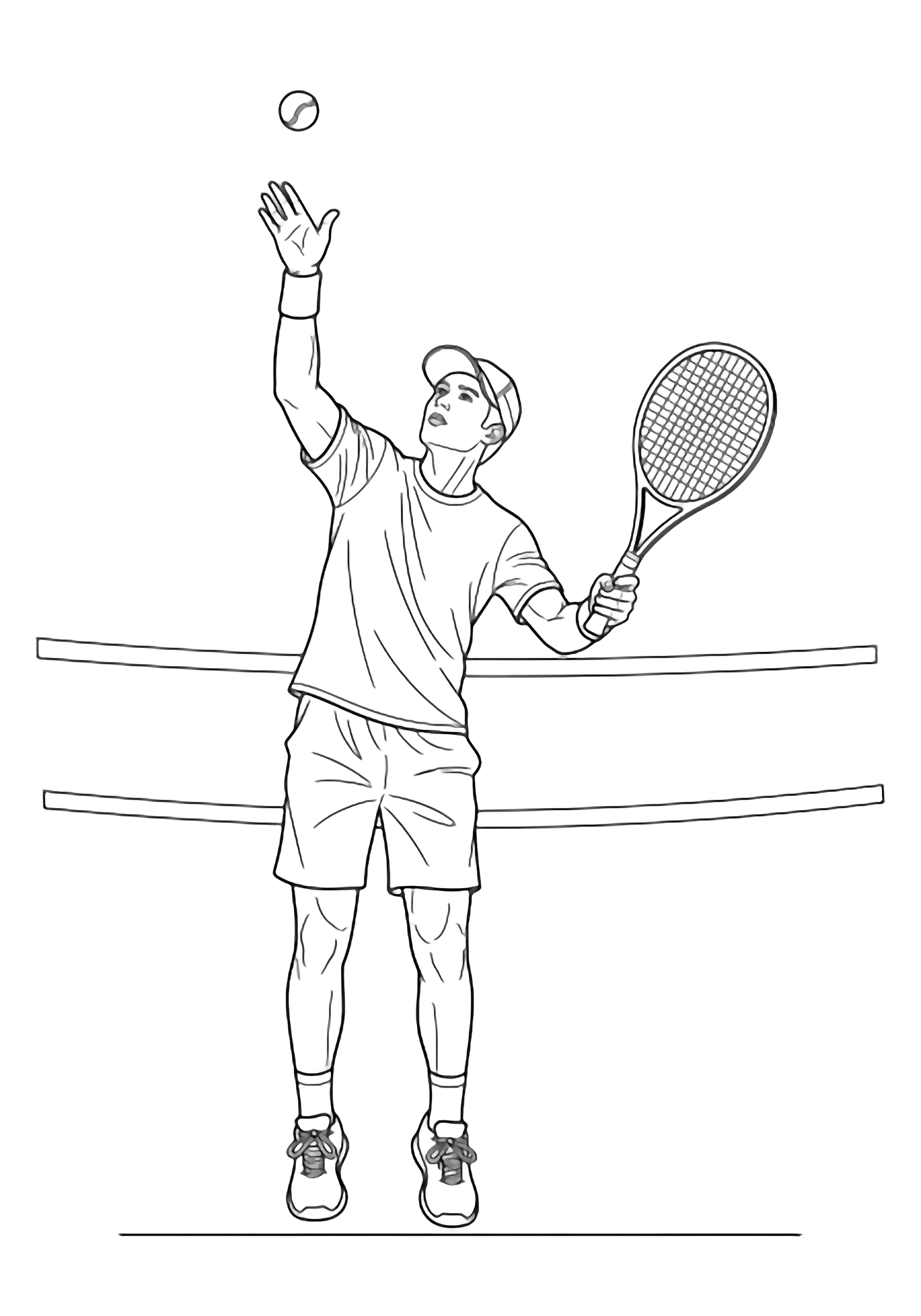 Tall athlete frozen mid-serve, one hand tossing a ball, other arm poised to strike, simple net curve behind, faint ground line. kleurplaat