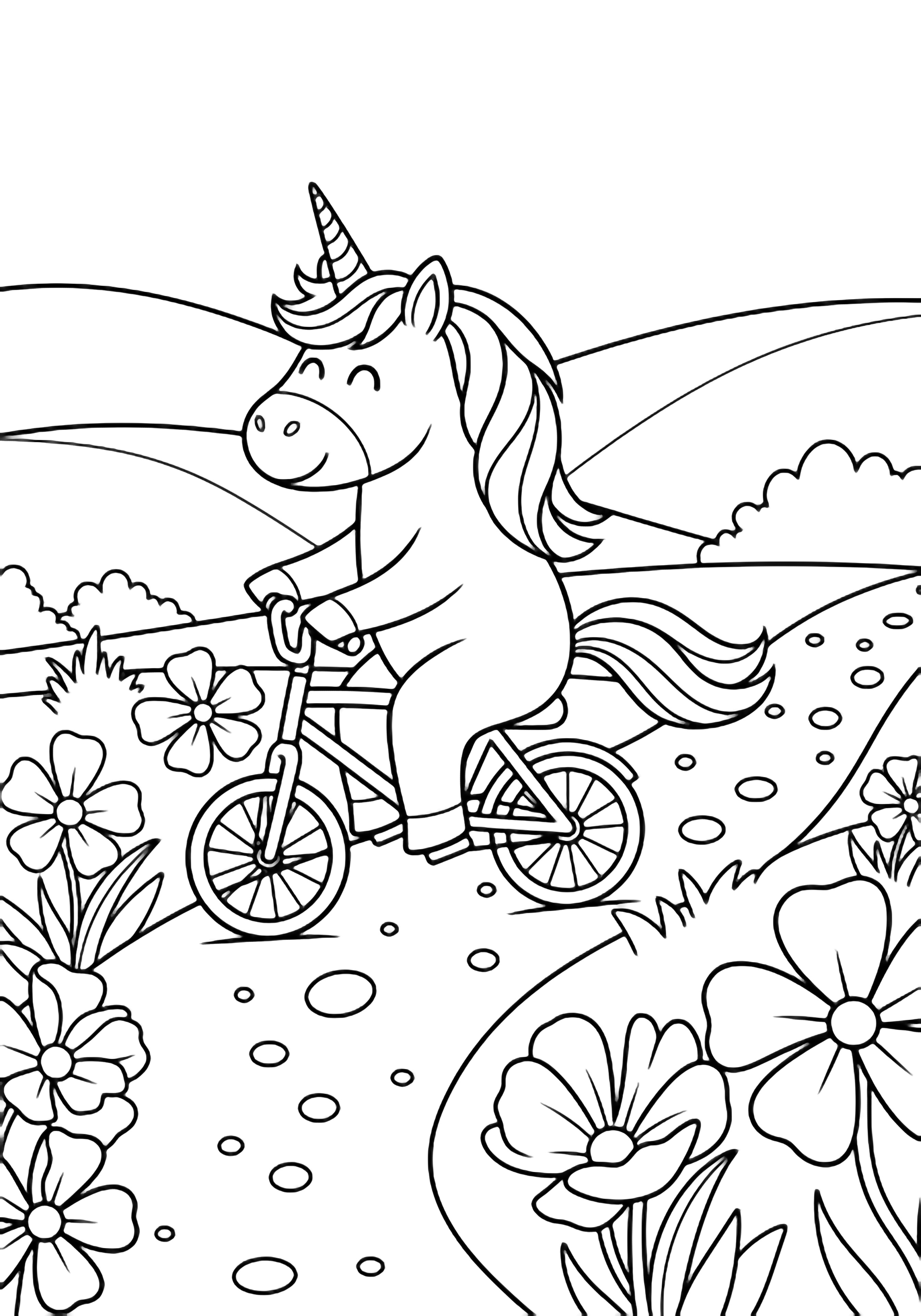 Een glimlachende eenhoorn rijdt op een klein fietsje langs een stippellijn door open bloemen met vijf bloemblaadjes, met een glooiende heuvel die het tafereel omlijst. kleurplaat