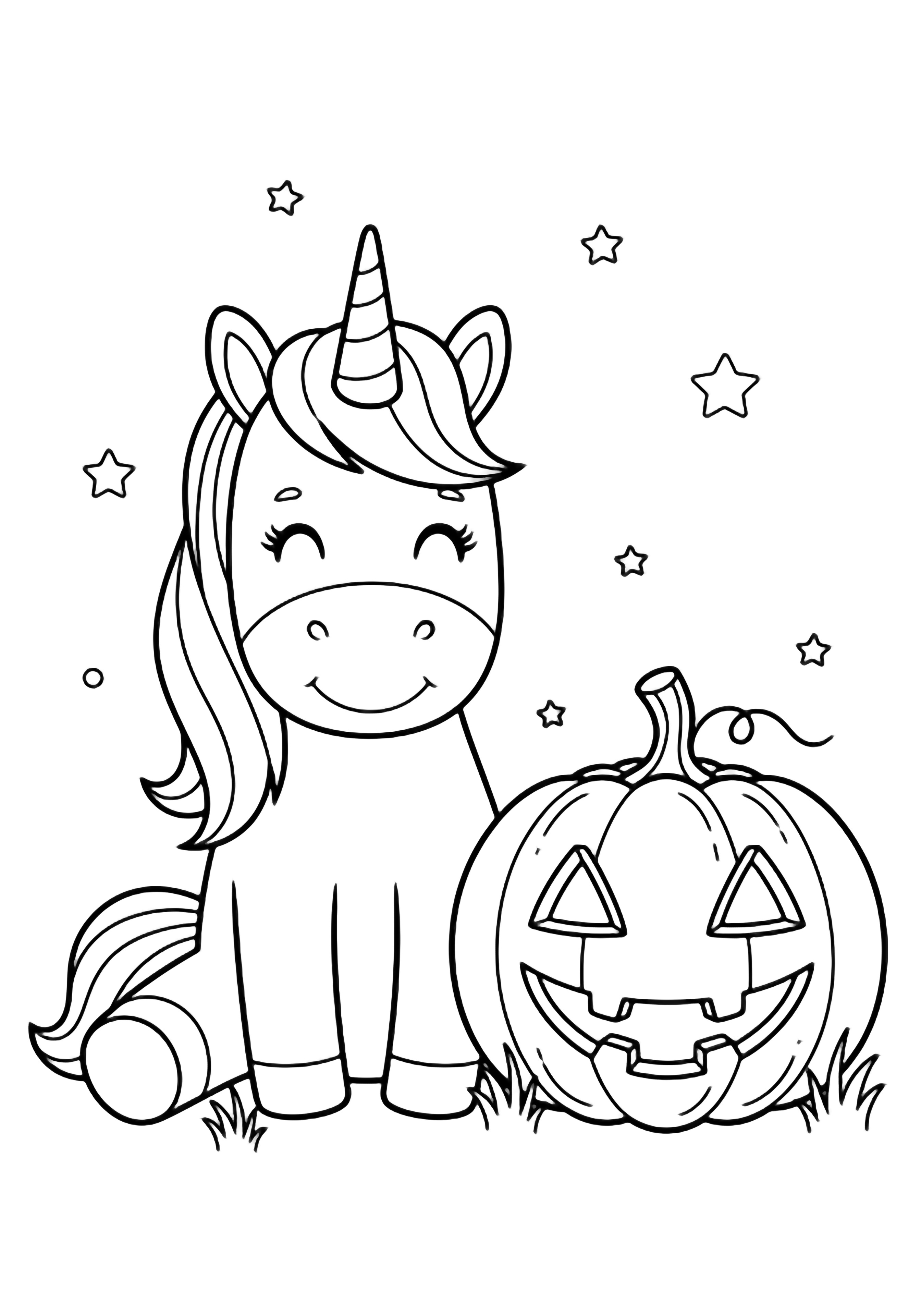 A smiling unicorn with a simple mane sits beside a round pumpkin lantern with cut-out eyes and smile, surrounded by small stars and grass. kleurplaat