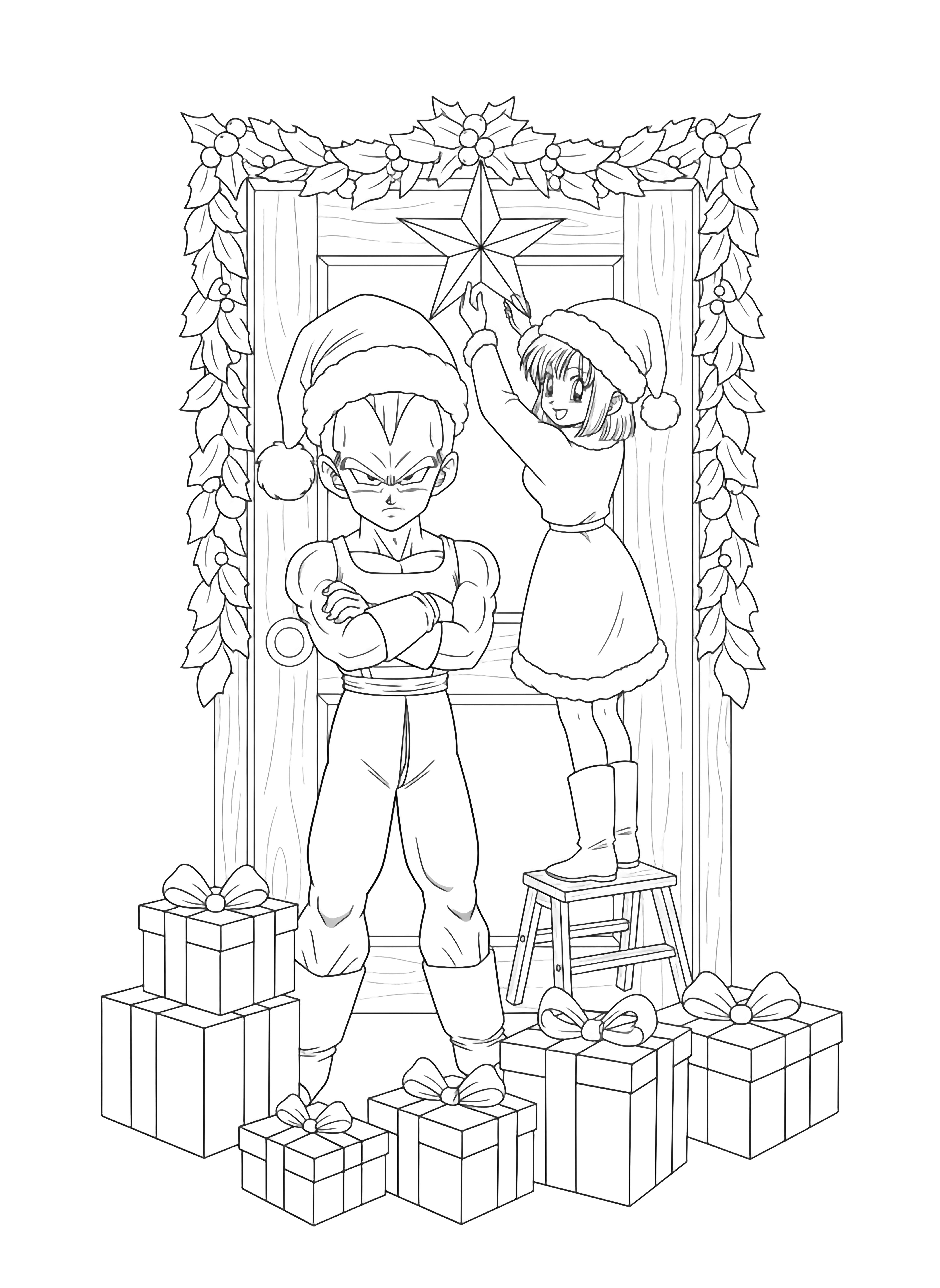 Grumpy Vegeta stands arms-folded wearing a floppy Santa hat while Bulma hangs a large star on a bare doorway, framed by simple garland and gift boxes. kleurplaat