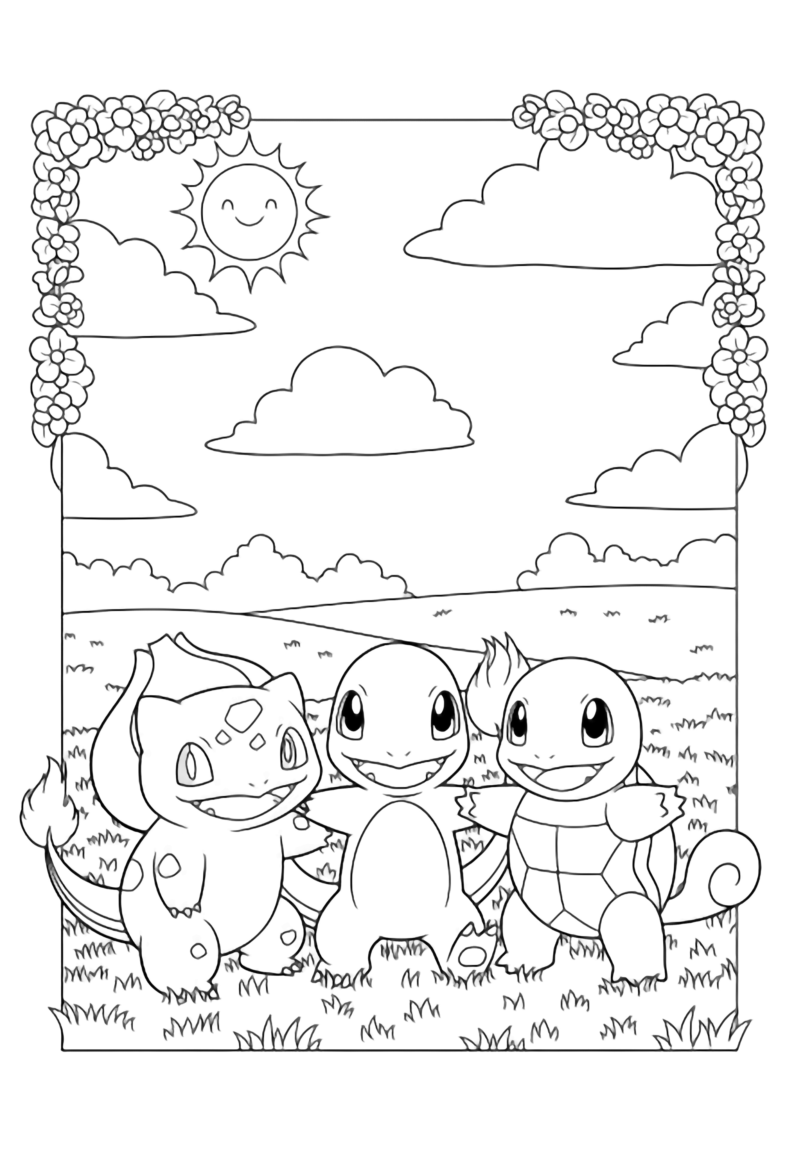 Bulbasaur, Charmander, and Squirtle hold paws and tails, smiling in a grassy field with flowers, fluffy clouds, and a smiling sun above. kleurplaat