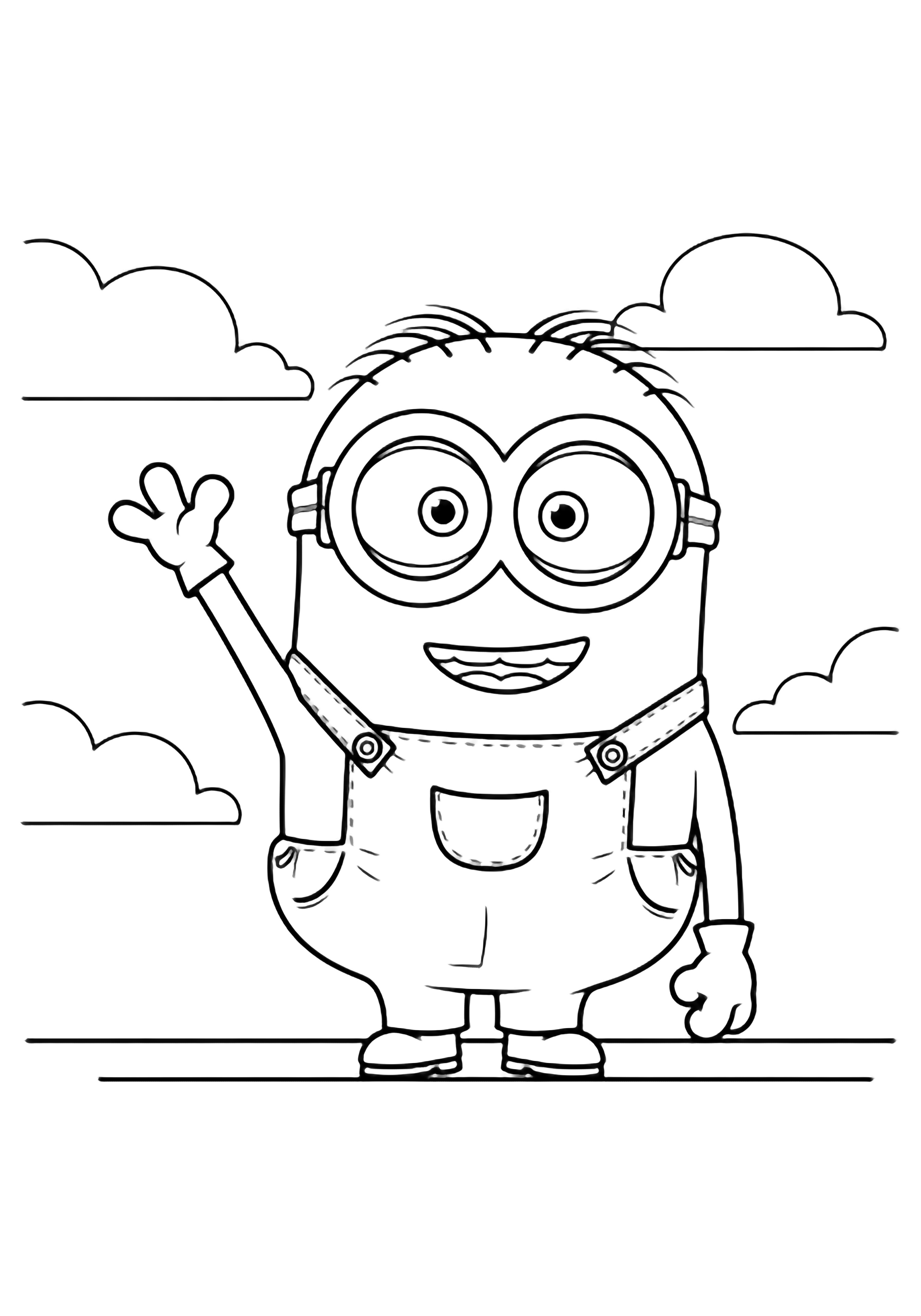 Cheerful Minion waves, center page, round goggles, overall straps, pocket, simple ground line, floating clouds behind kleurplaat
