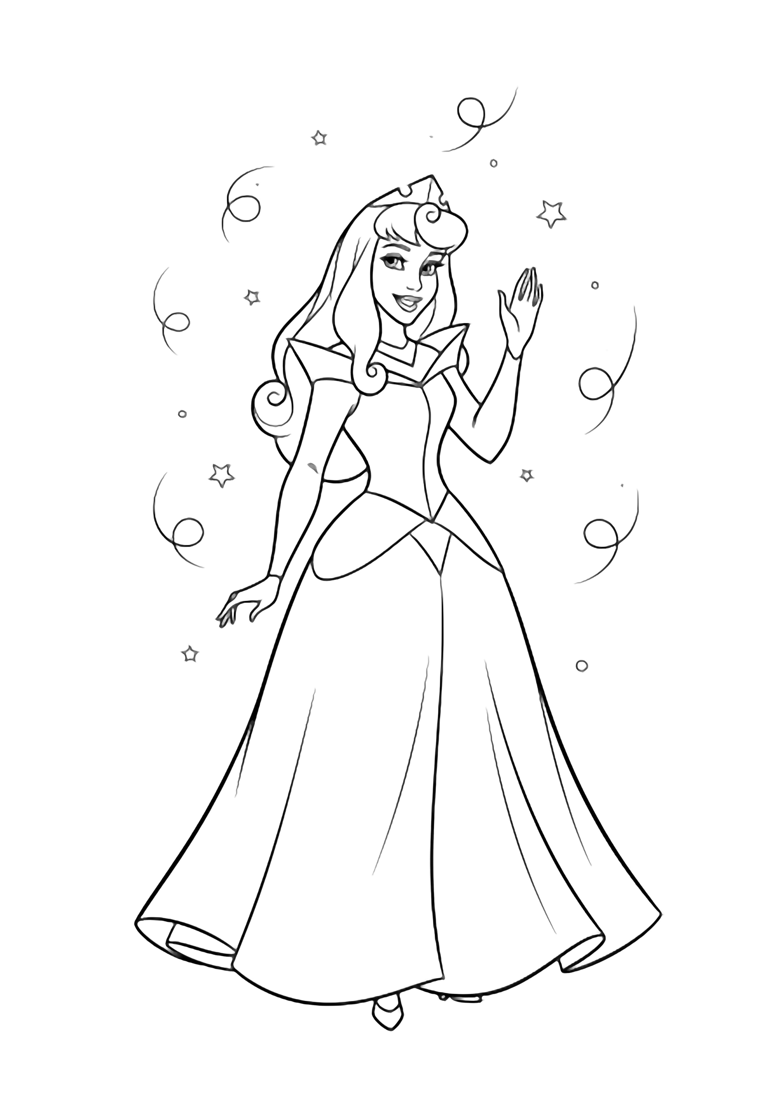 Princess Aurora waves cheerfully, her flowing hair and simple gown surrounded by drifting stars and swirls. kleurplaat