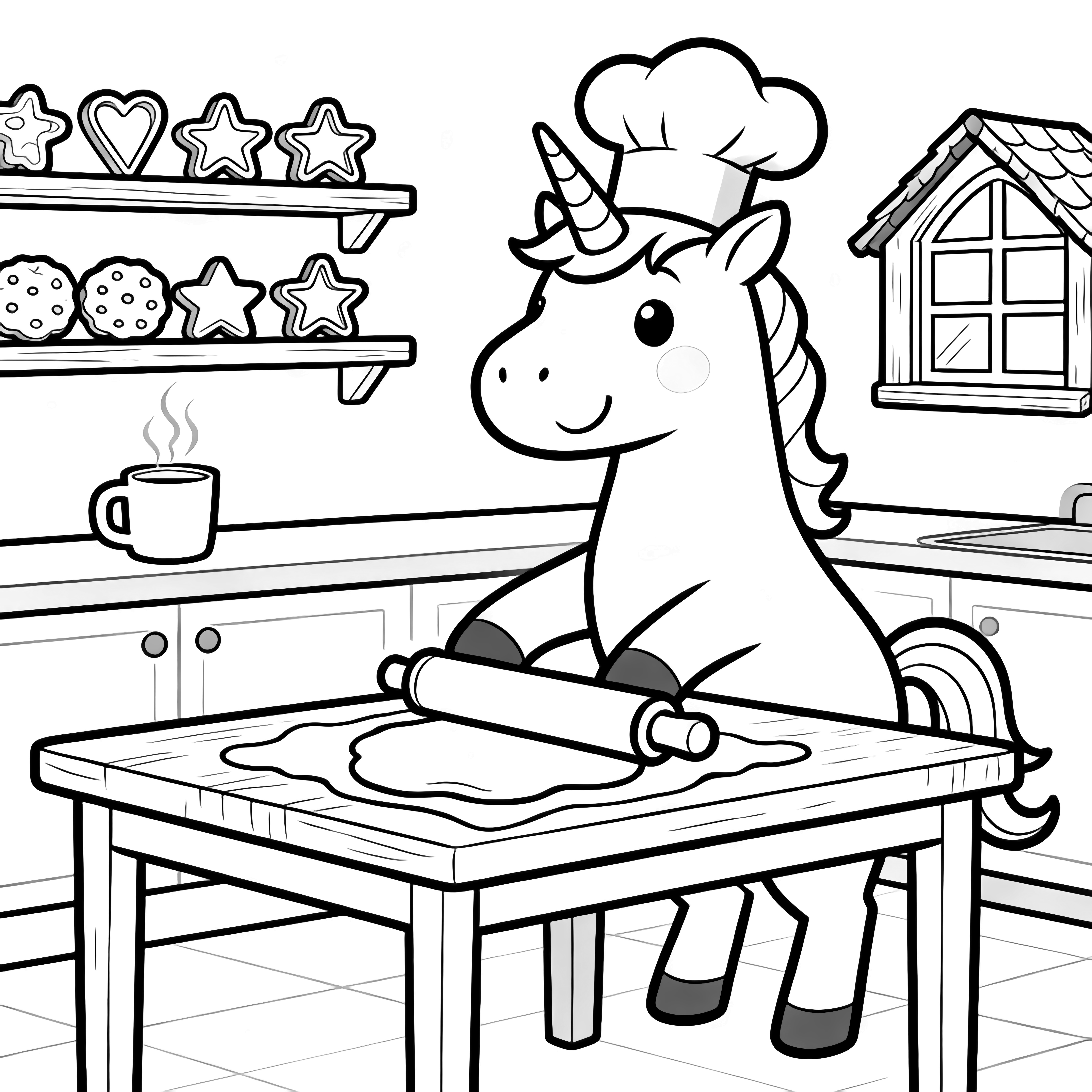 A smiling unicorn in a chef's hat rolls dough on a kitchen table, surrounded by cookie-cutter shelves, a cottage window, and a steaming mug. kleurplaat