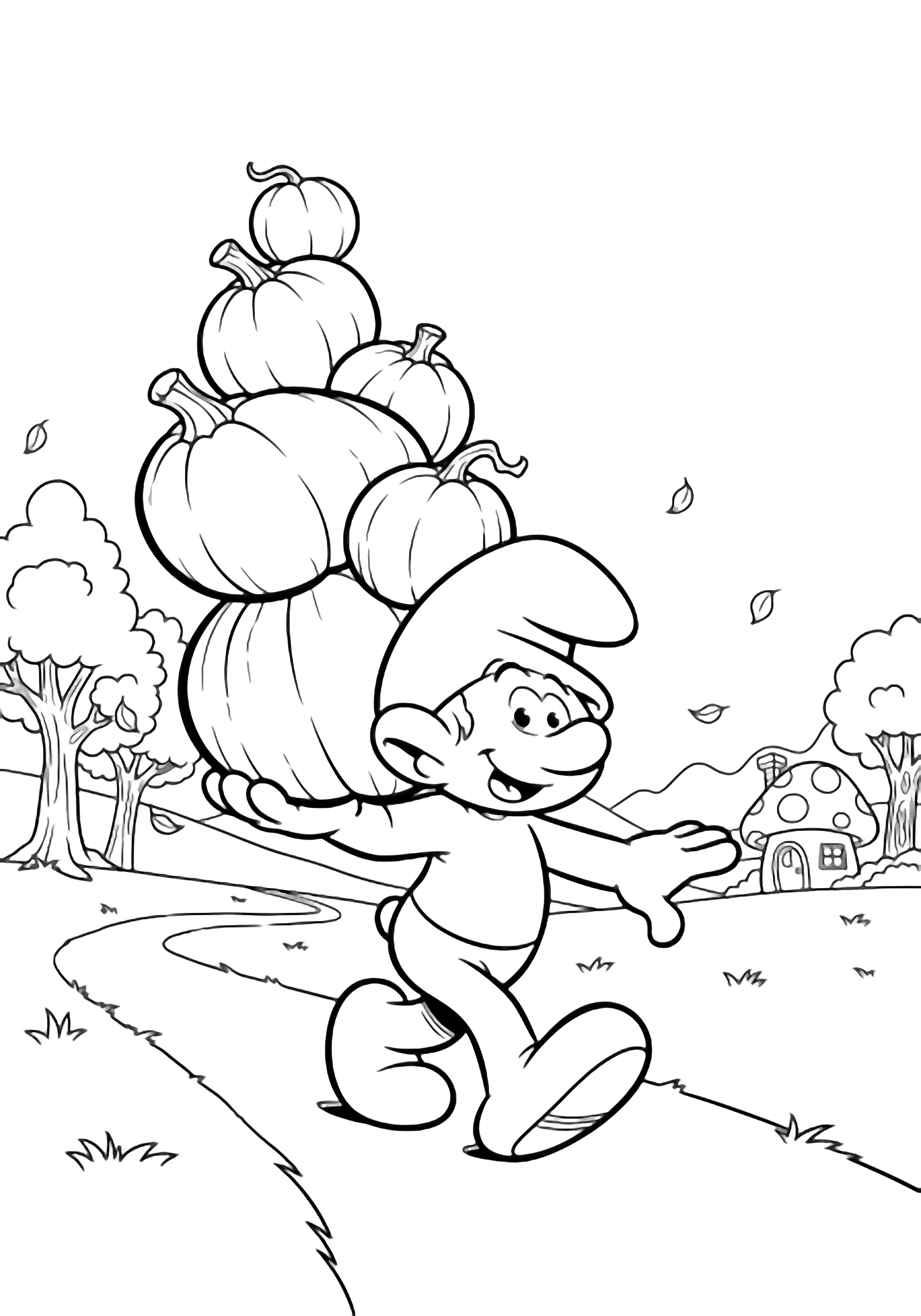 Hefty Smurf walks a forest path balancing pumpkins on his shoulder, smiling among simple trees, drifting leaves, and a distant mushroom house. kleurplaat