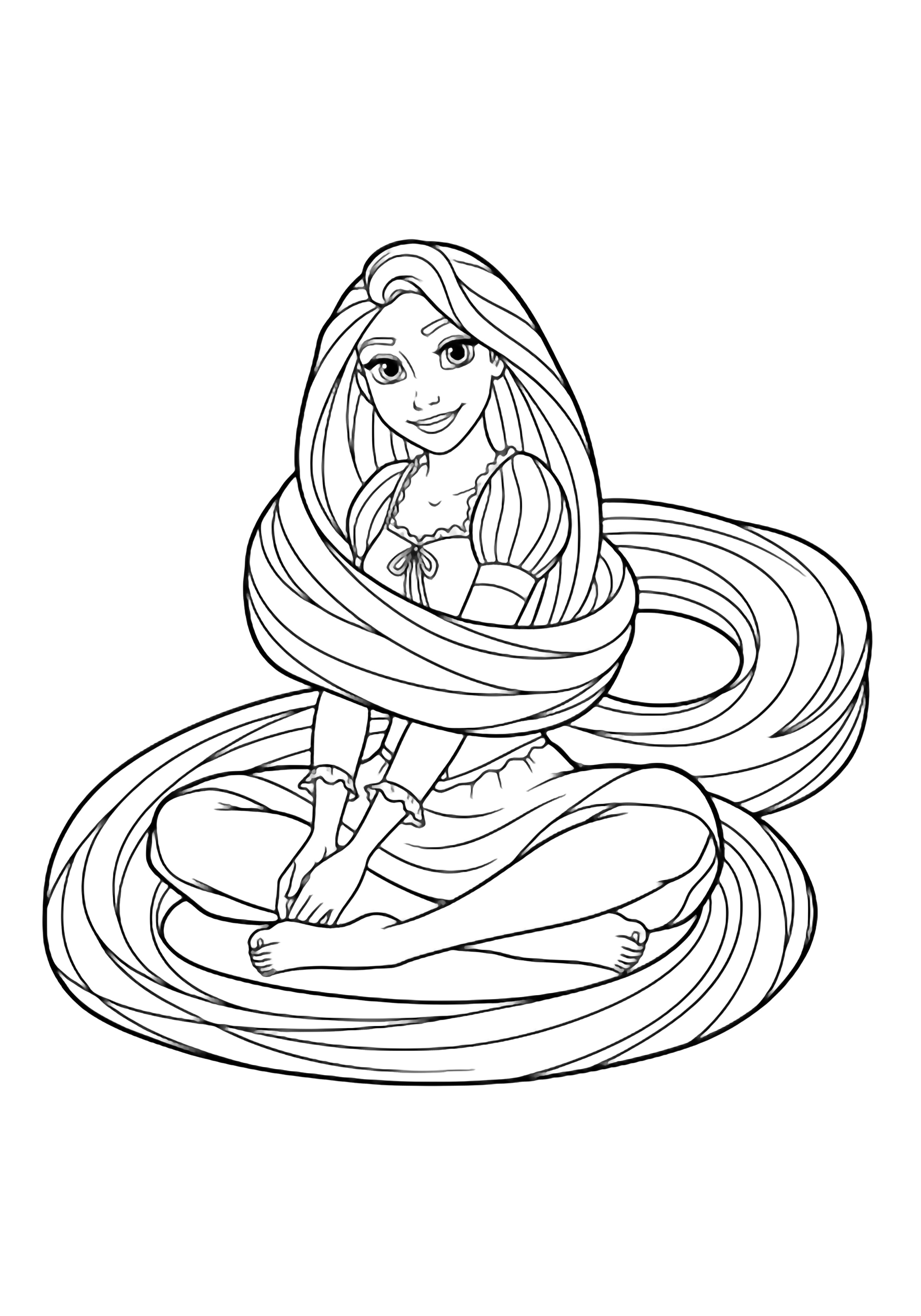 Rapunzel sits cross-legged, her long hair looping around her in smooth waves, wearing a simple dress, barefoot and smiling. kleurplaat