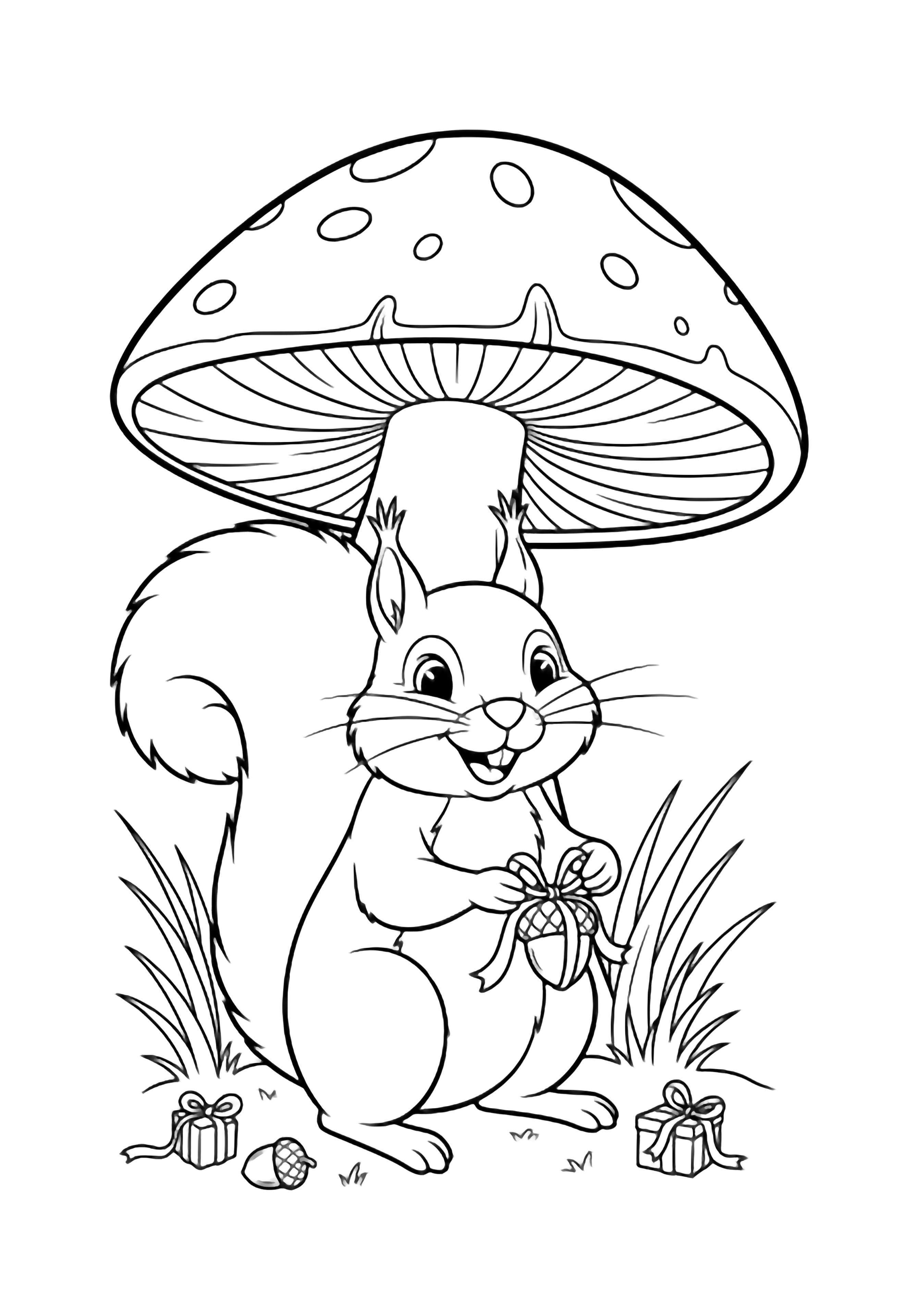 A smiling squirrel kneels beneath a giant mushroom, tying a ribbon on a tiny acorn gift; grass blades and wrapped acorns scatter nearby. kleurplaat