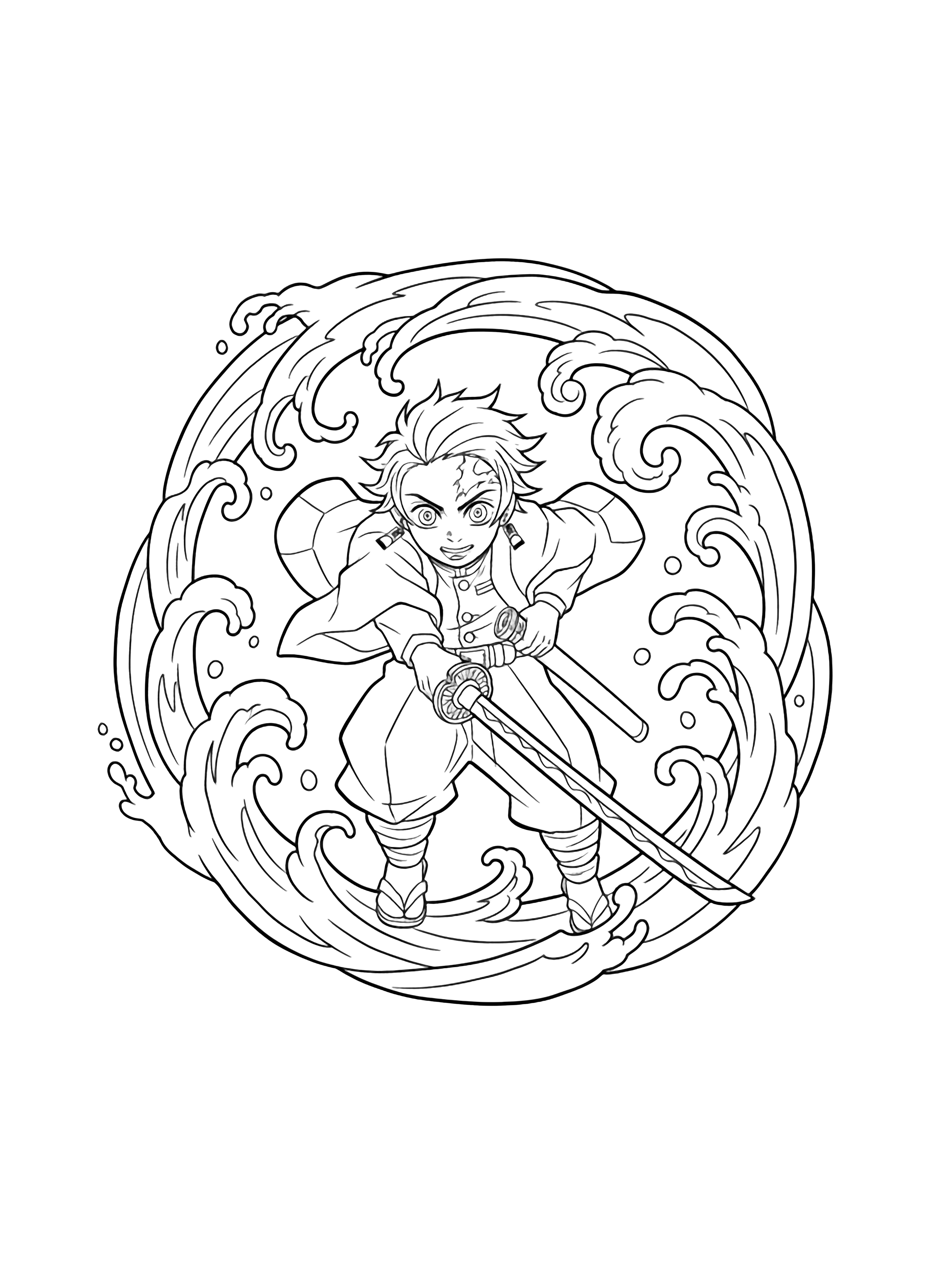 Tanjiro Kamado lunges forward with extended sword, ocean waves curling and splashing around him. kleurplaat