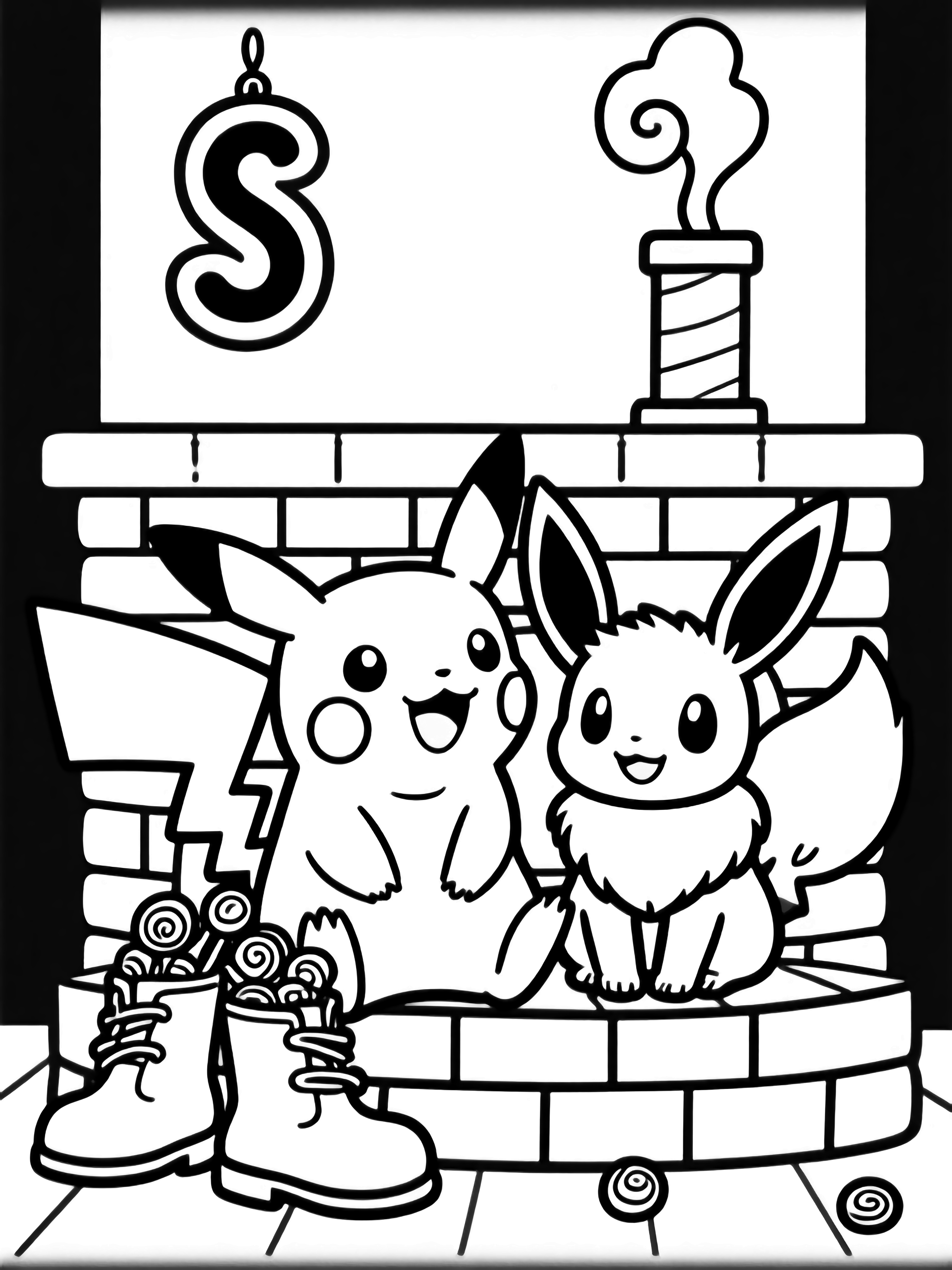 Pikachu and Eevee smile beside a brick fireplace; boots spill candy, an "S" decorates the wall, and smoke curls from the chimney. kleurplaat