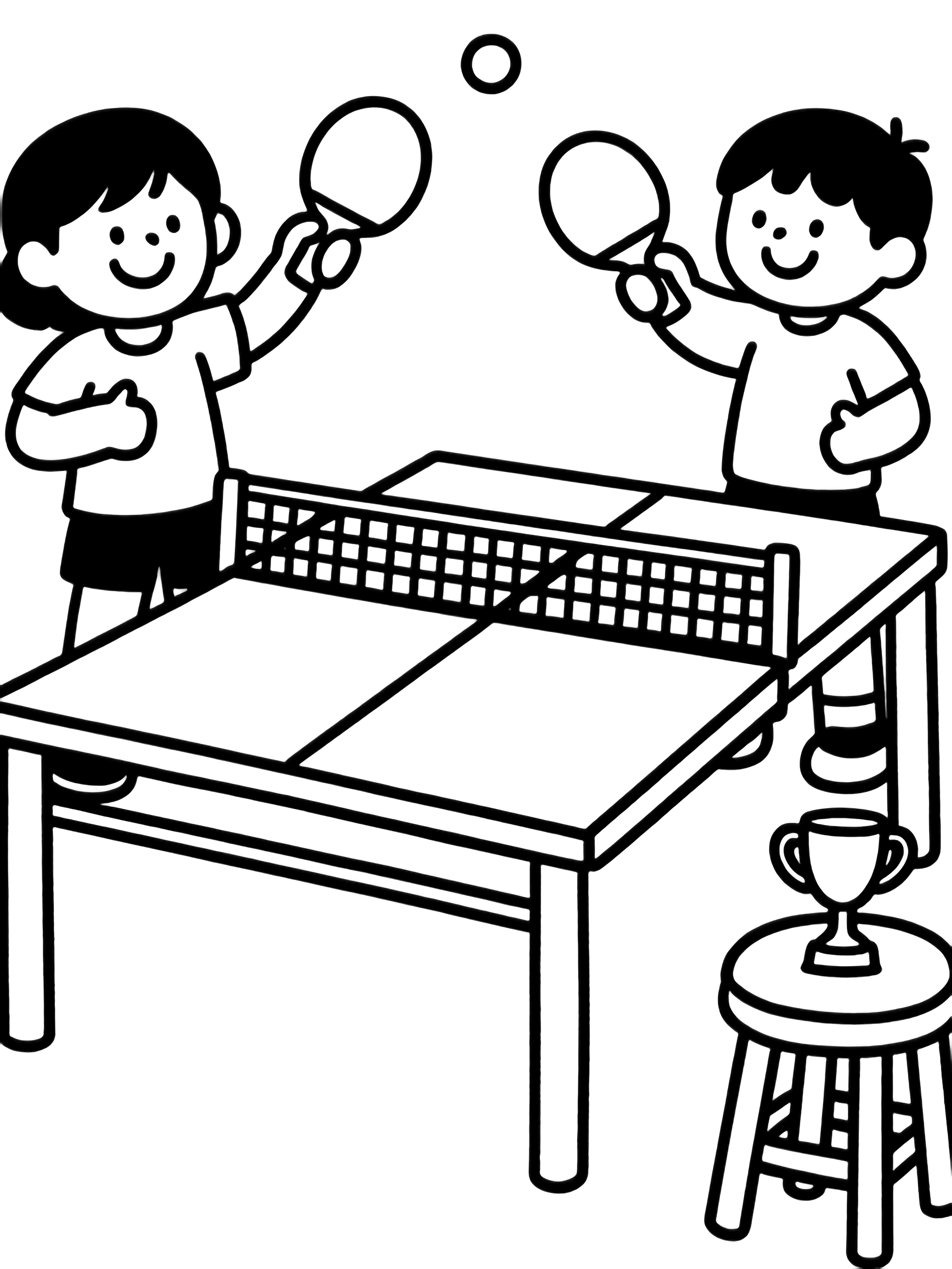 Two smiling kids at a mini ping-pong table, paddles up, ball mid-bounce, tiny trophy on stool beside them kleurplaat