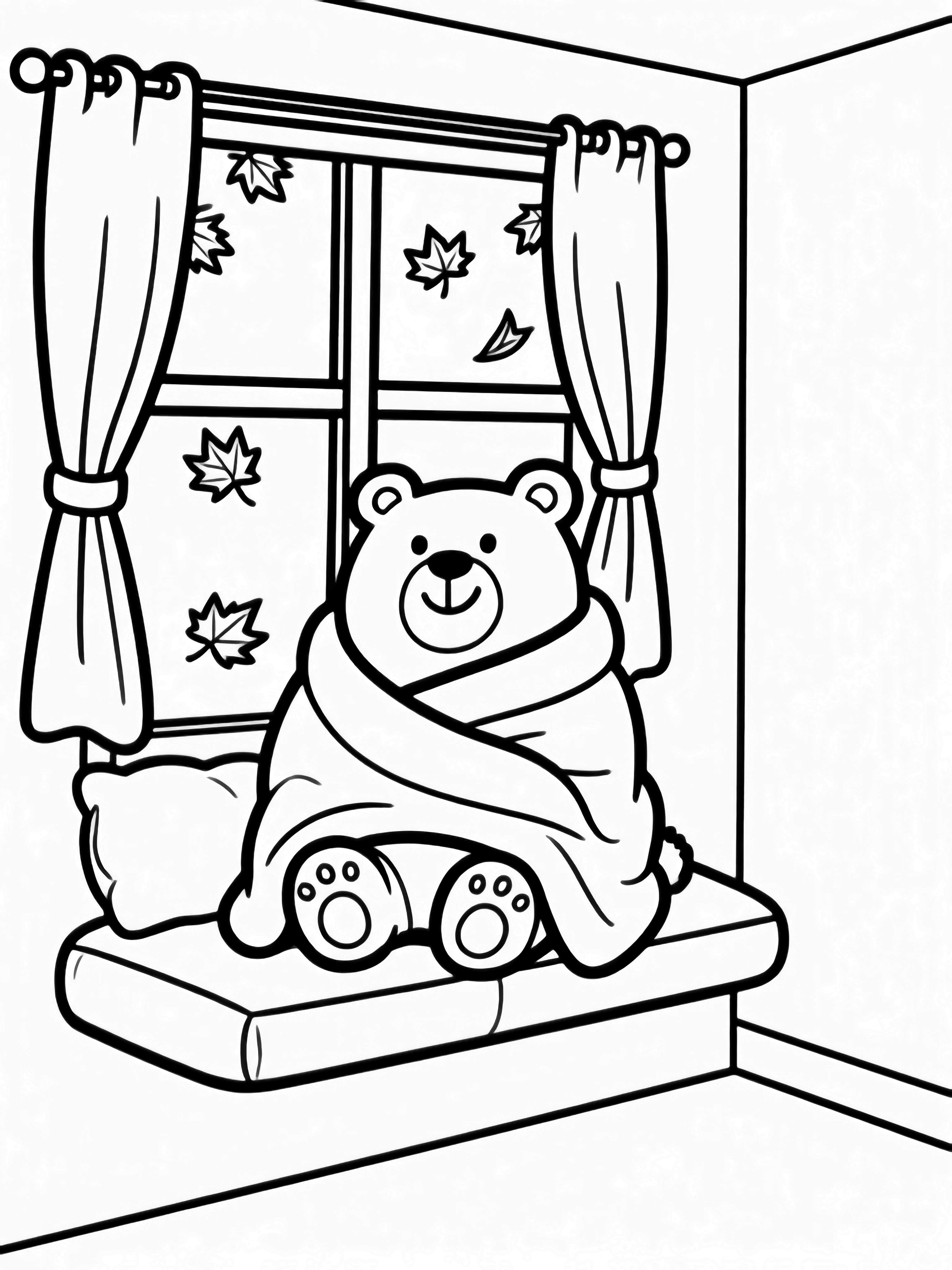 A smiling bear wrapped in a blanket sits on a cushioned window seat, paws on the sill, watching maple leaves drift past tied-back curtains in a simple room. kleurplaat
