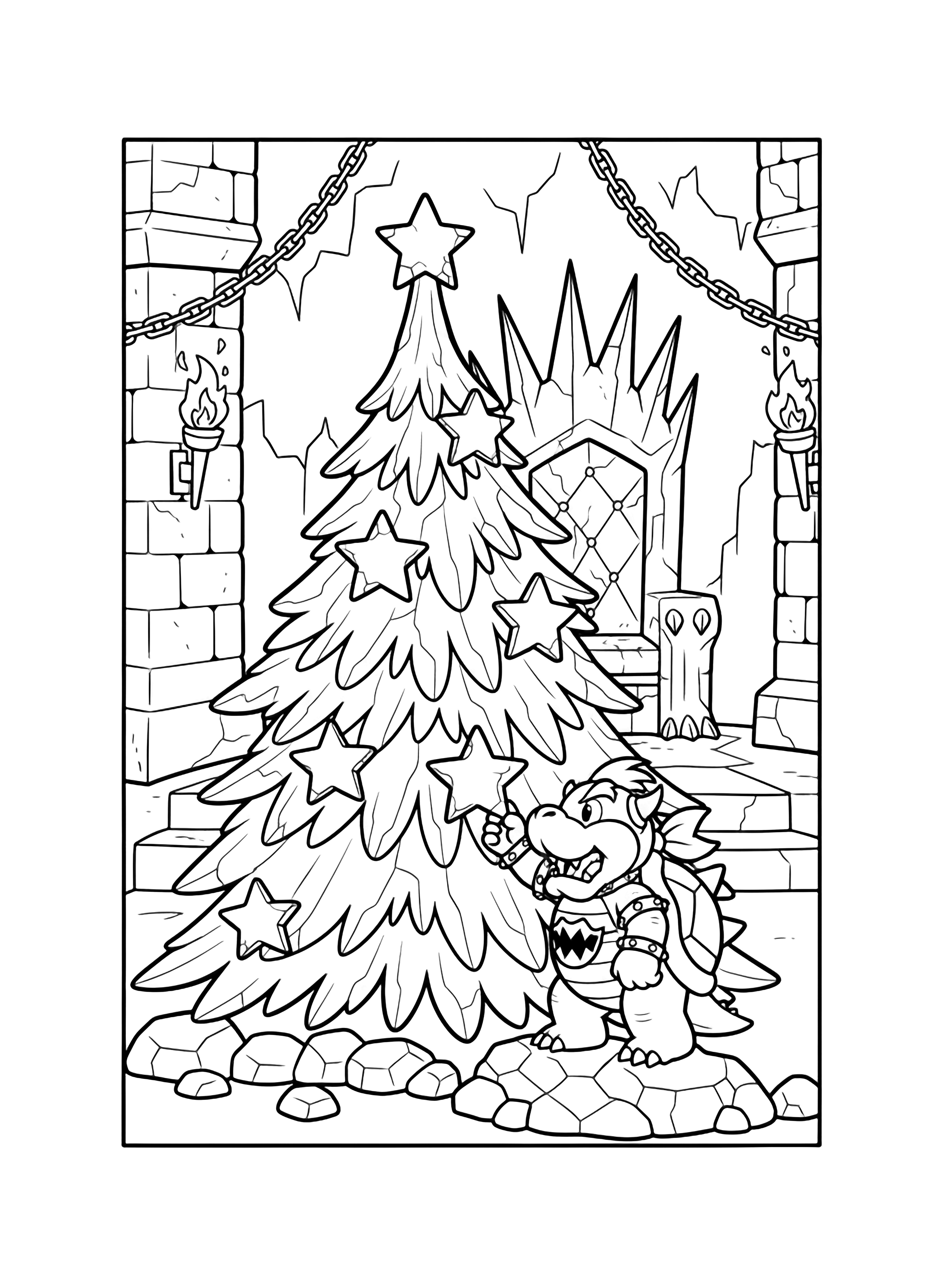 Bowser Jr decorates a jagged lava-rock Christmas tree with star-shaped lava rocks inside a castle framed by chains and a throne. kleurplaat