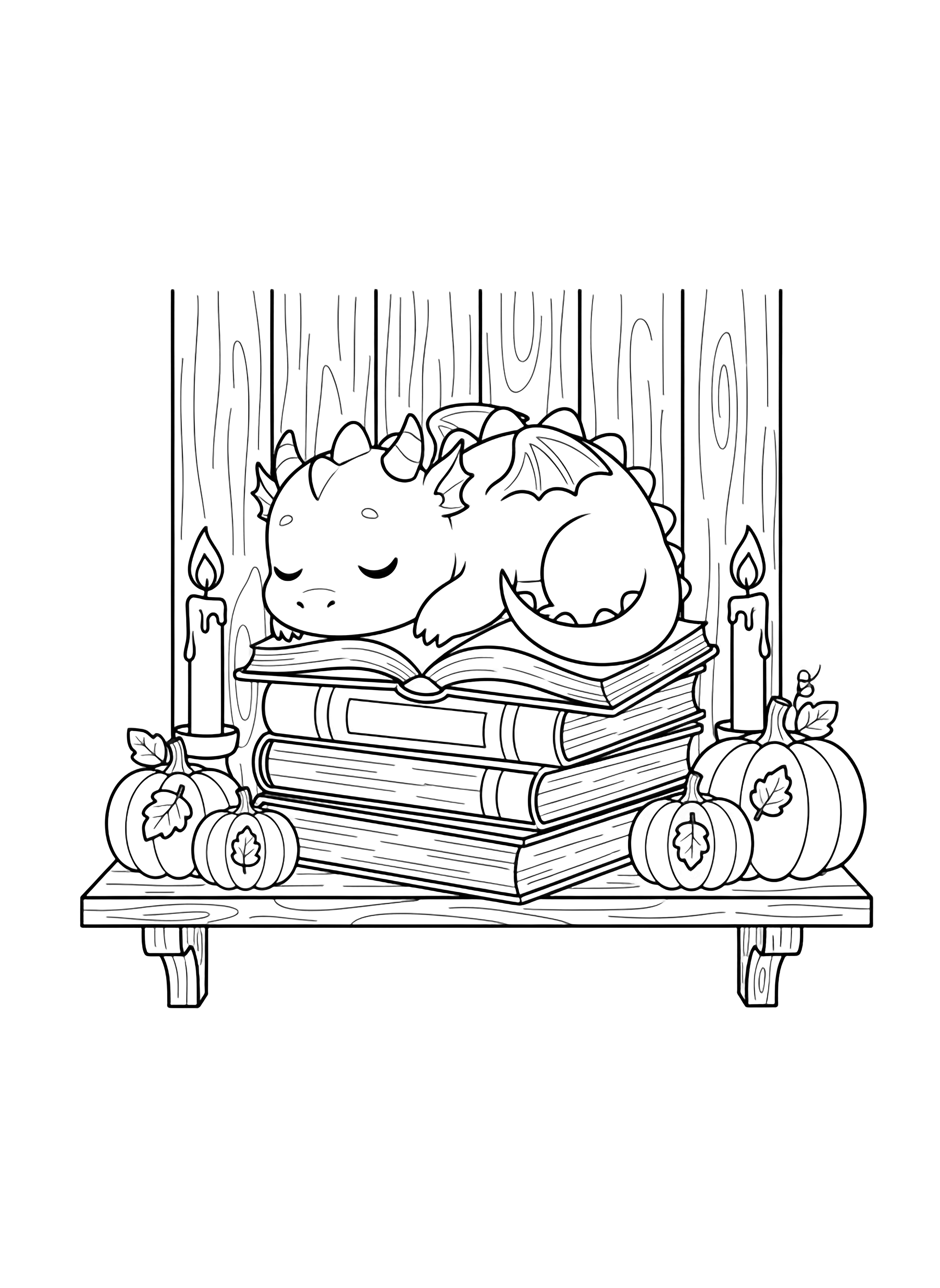 Baby dragon asleep on stacked open books, narrow shelf, tall candles and pumpkins beside, simple plank wall behind. kleurplaat