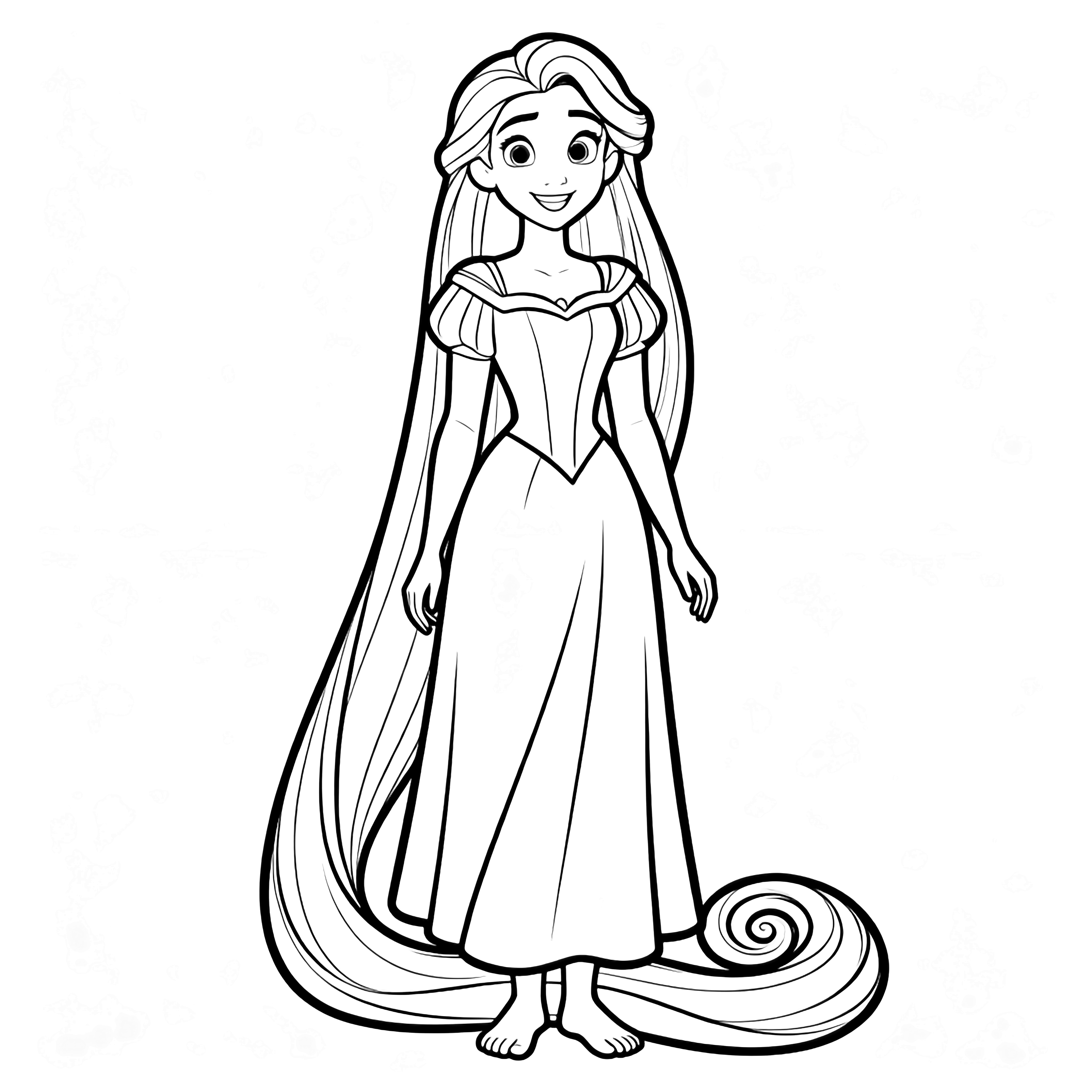 Rapunzel stands smiling, her ankle-length hair spiraling around her bare feet in a single wide coil. kleurplaat