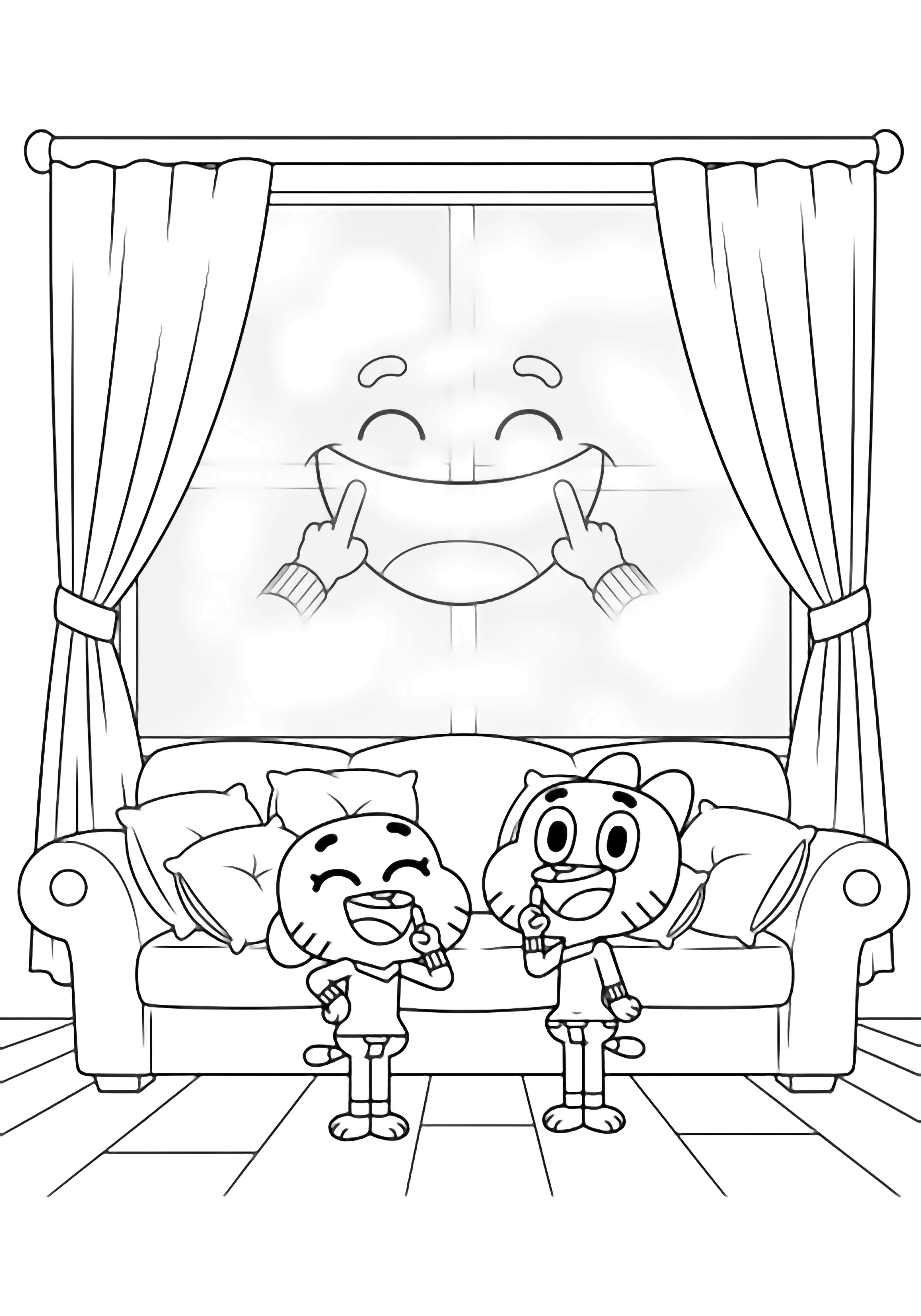 Gumball and Darwin trace big smiles on a foggy window while a pillow-strewn couch and curtained backdrop rest on simple floorboards. kleurplaat