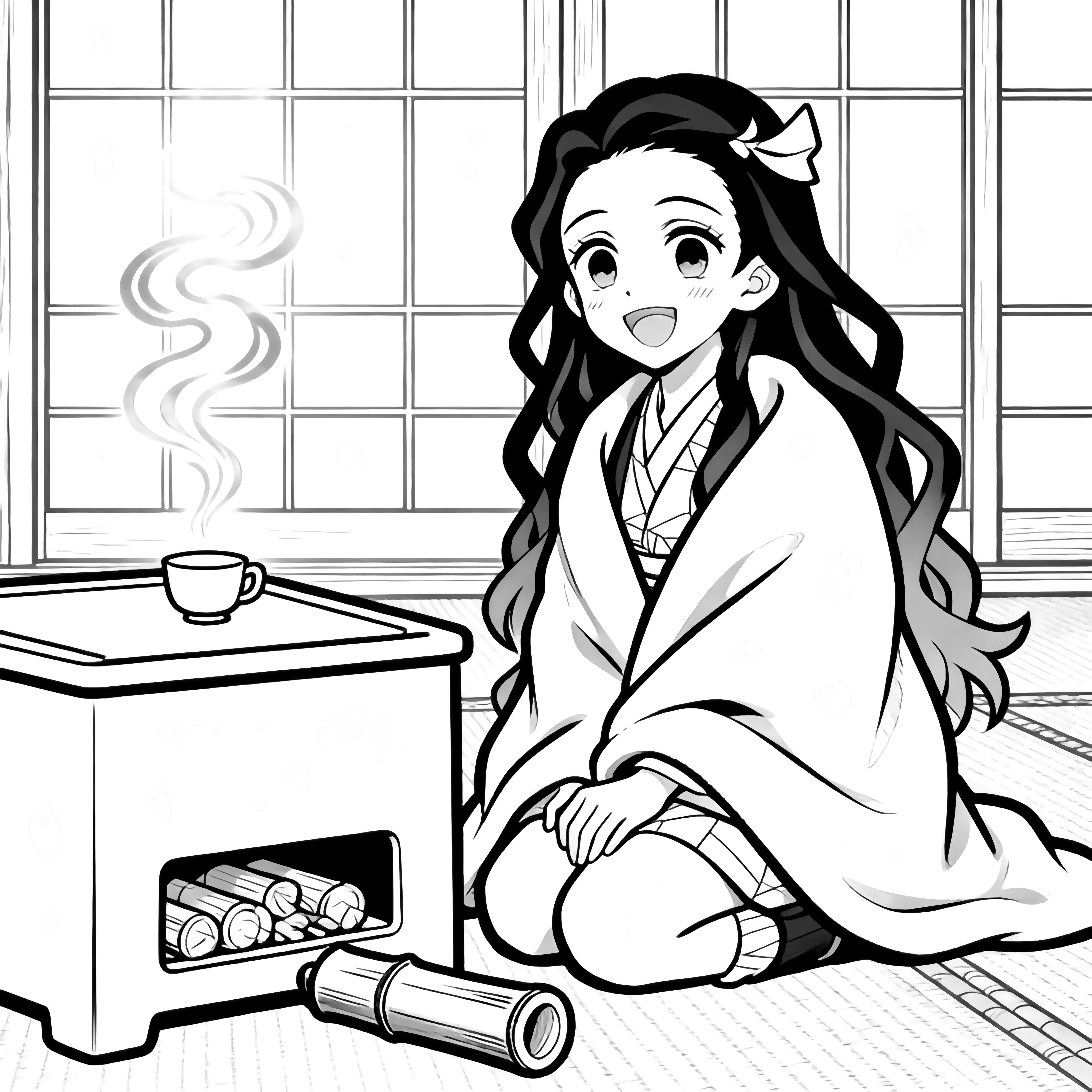 Nezuko kneels cheerfully under a kotatsu blanket, her bamboo muzzle on the floor beside her; a teacup steams amid simple tatami and a sliding screen. kleurplaat