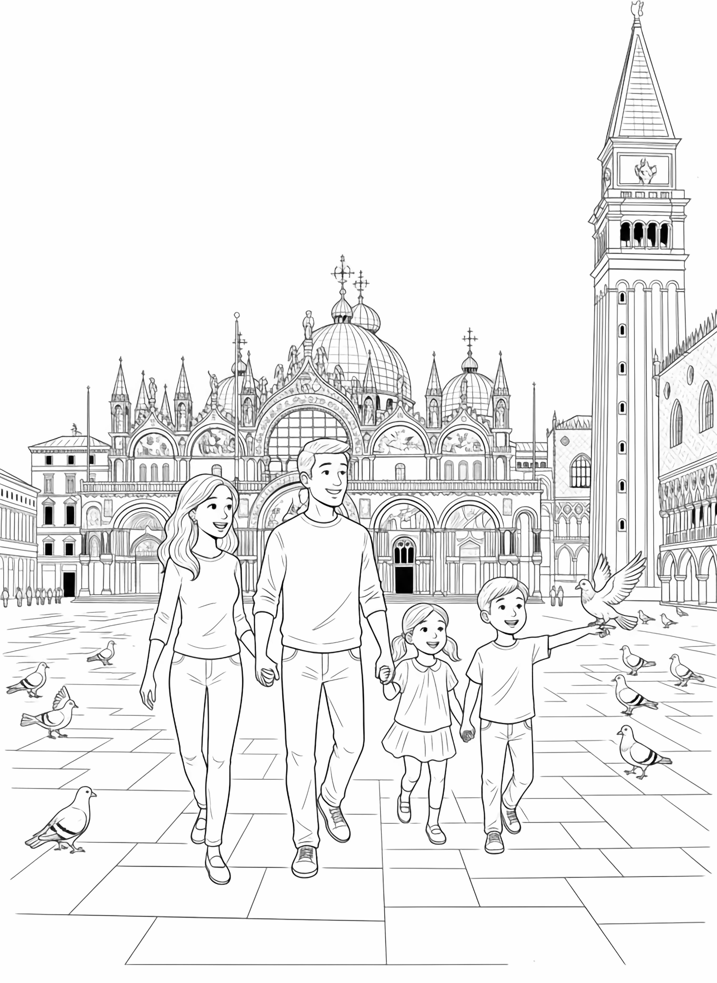 A black and white page showing a happy family exploring Piazza San Marco in Venice The parents hold hands while their two children excitedly point at the magnificent St Mark's Basilica with its ornate domes and intricate details Pigeons flutter around the square with one brave bird perched on the little boy's clean black and white line drawing minimal shading no colour no fill kleurplaat