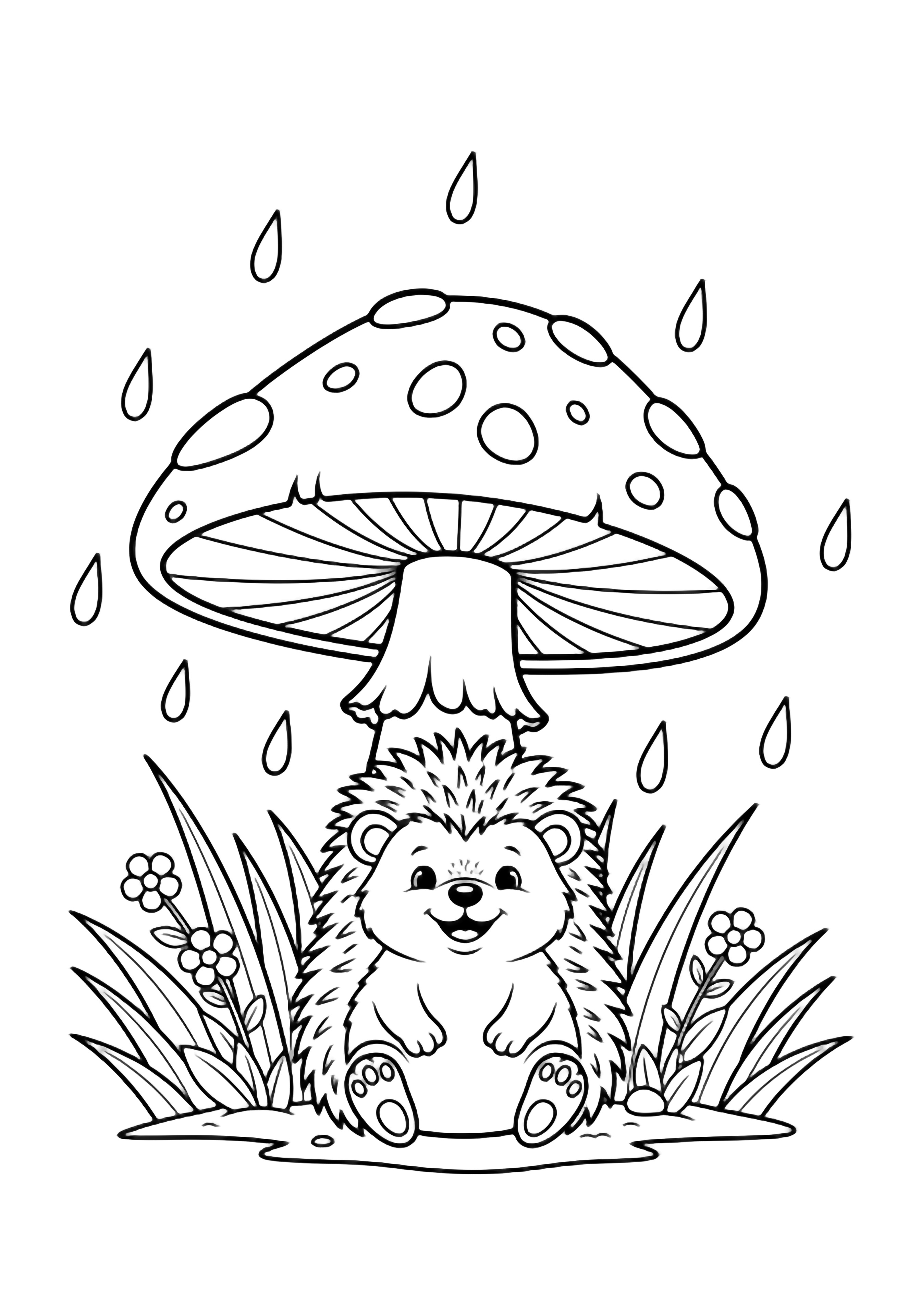 A cheerful hedgehog shelters under a big toadstool while teardrop raindrops fall; grass and small flowers surround them. kleurplaat