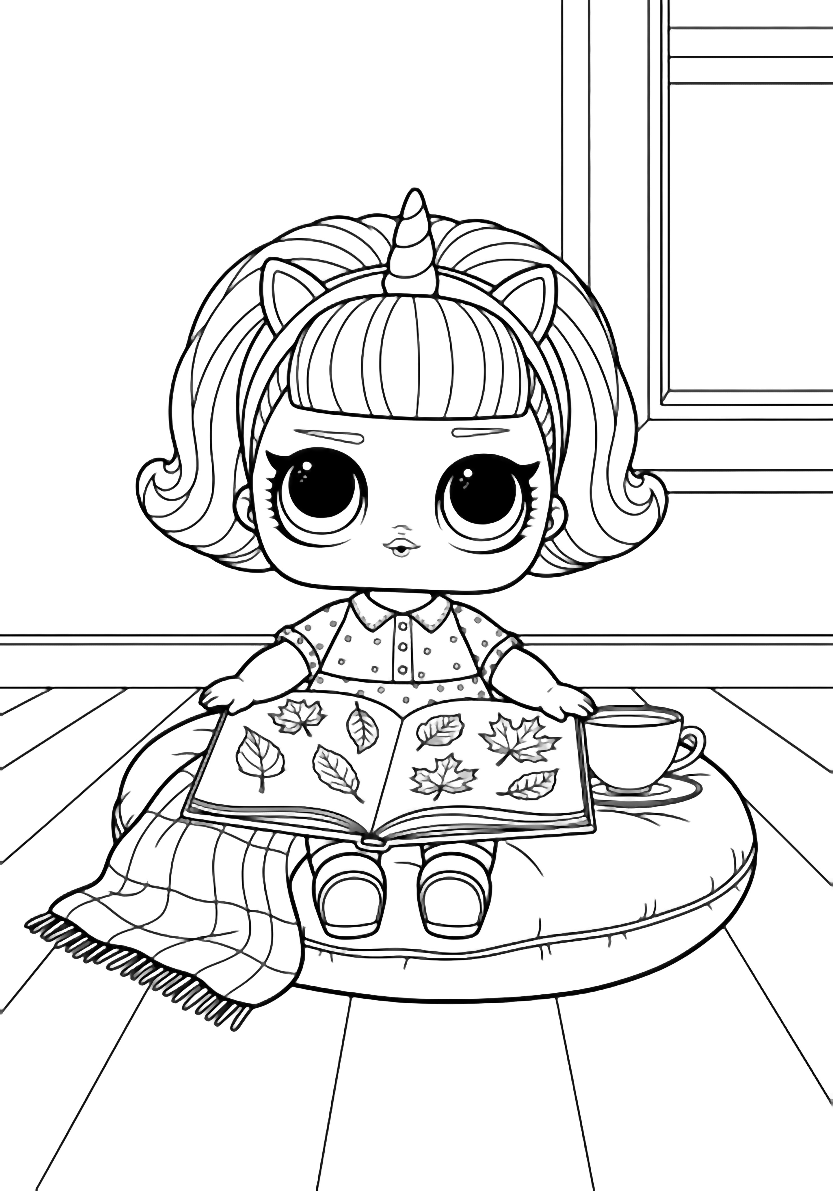 LOL Unicorn doll sits on a cushion, sketchbook of autumn leaves in lap, teacup beside her, near a window on bare floorboards. kleurplaat