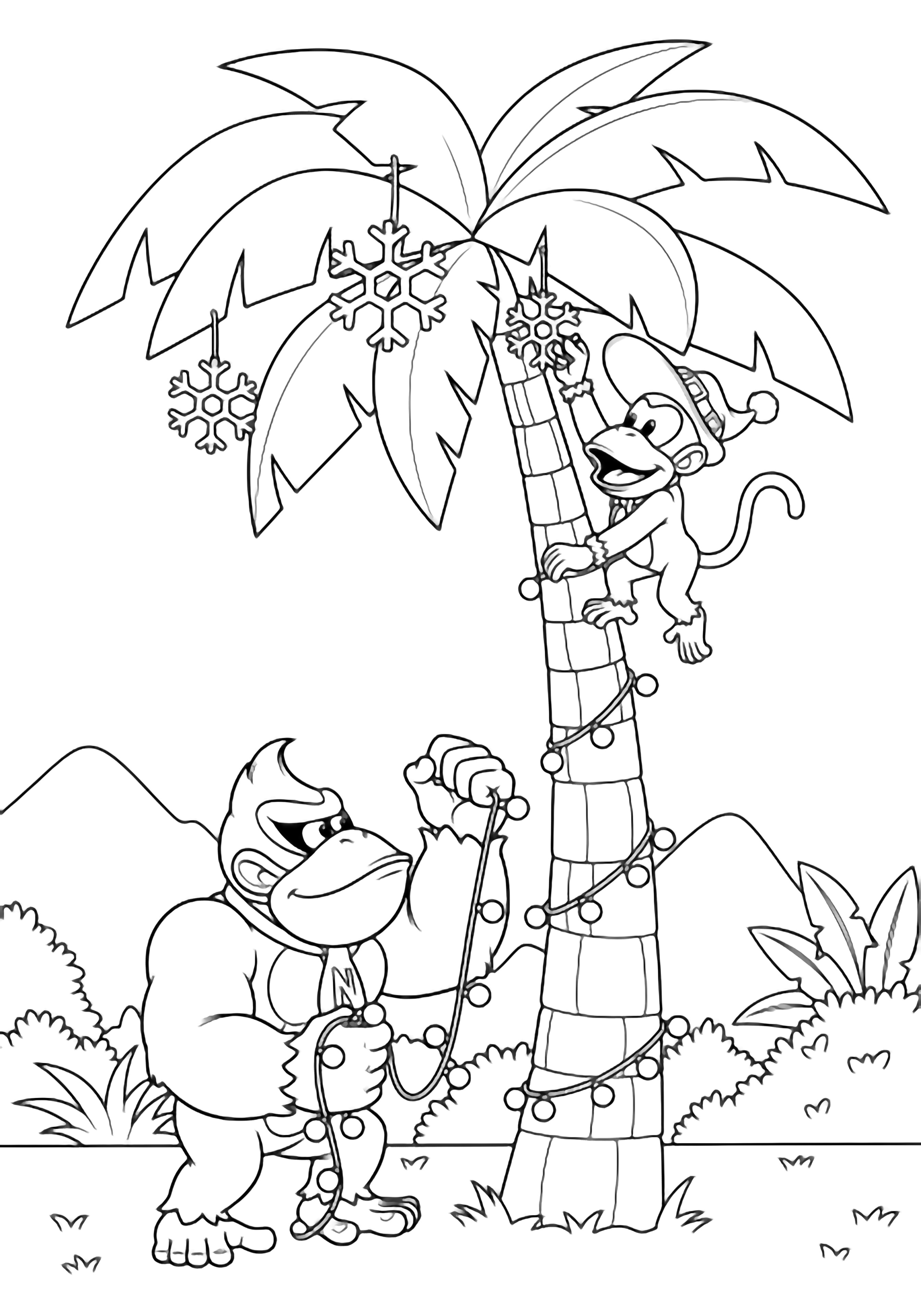 illustration on a Donkey Kong strings lights around a palm while Diddy Kong hangs snowflakes; simple jungle backdrop Christmas joy clean bold outlines only clean black kleurplaat