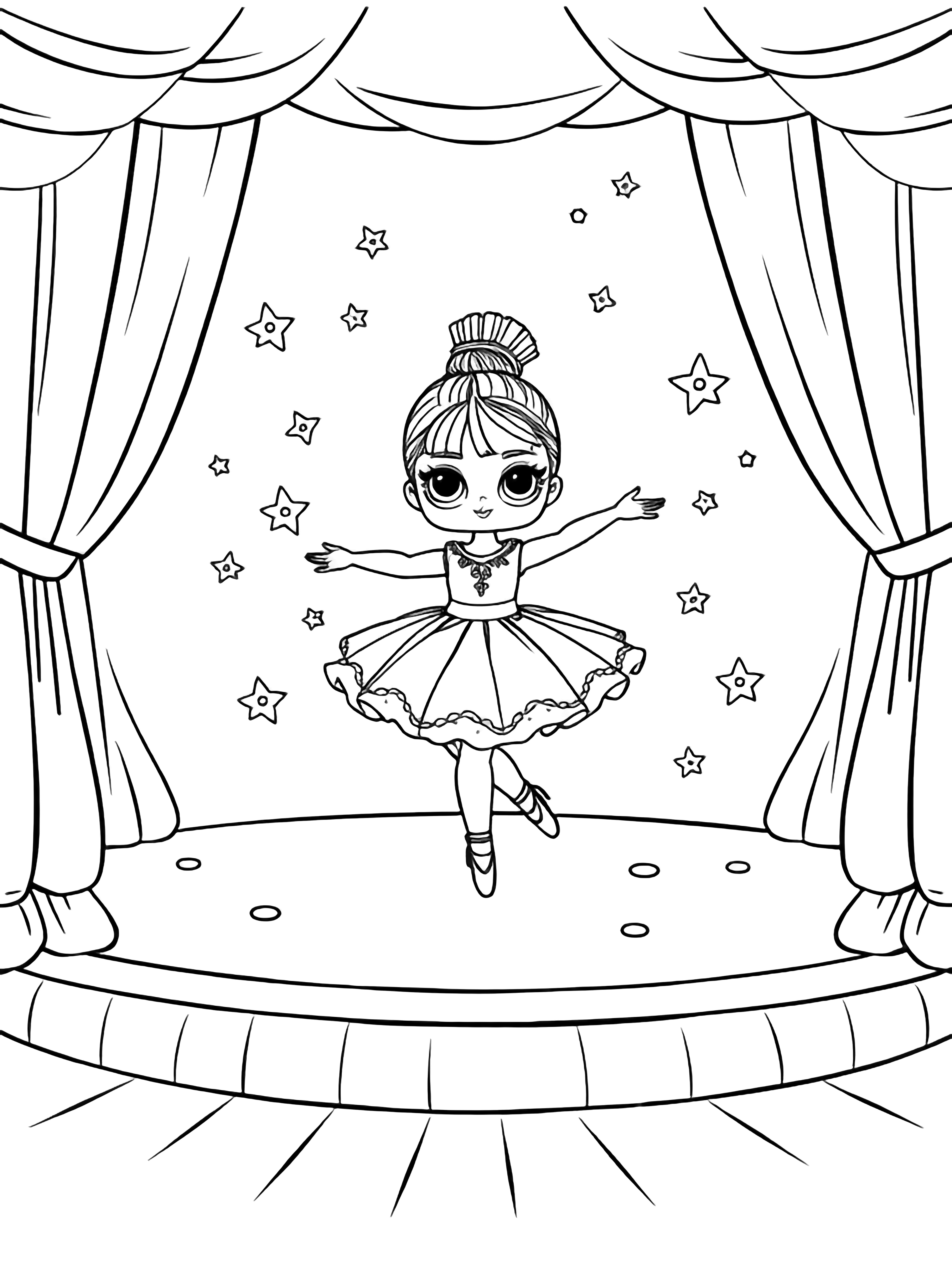 illustration on a LOL Surprise ballerina doll twirls on a wide stage surrounded by open curtains tiny five pointed stars and simple flower petals drifting gently around her; bold outlines separate her tutu tiara and stage floor from the clean black kleurplaat