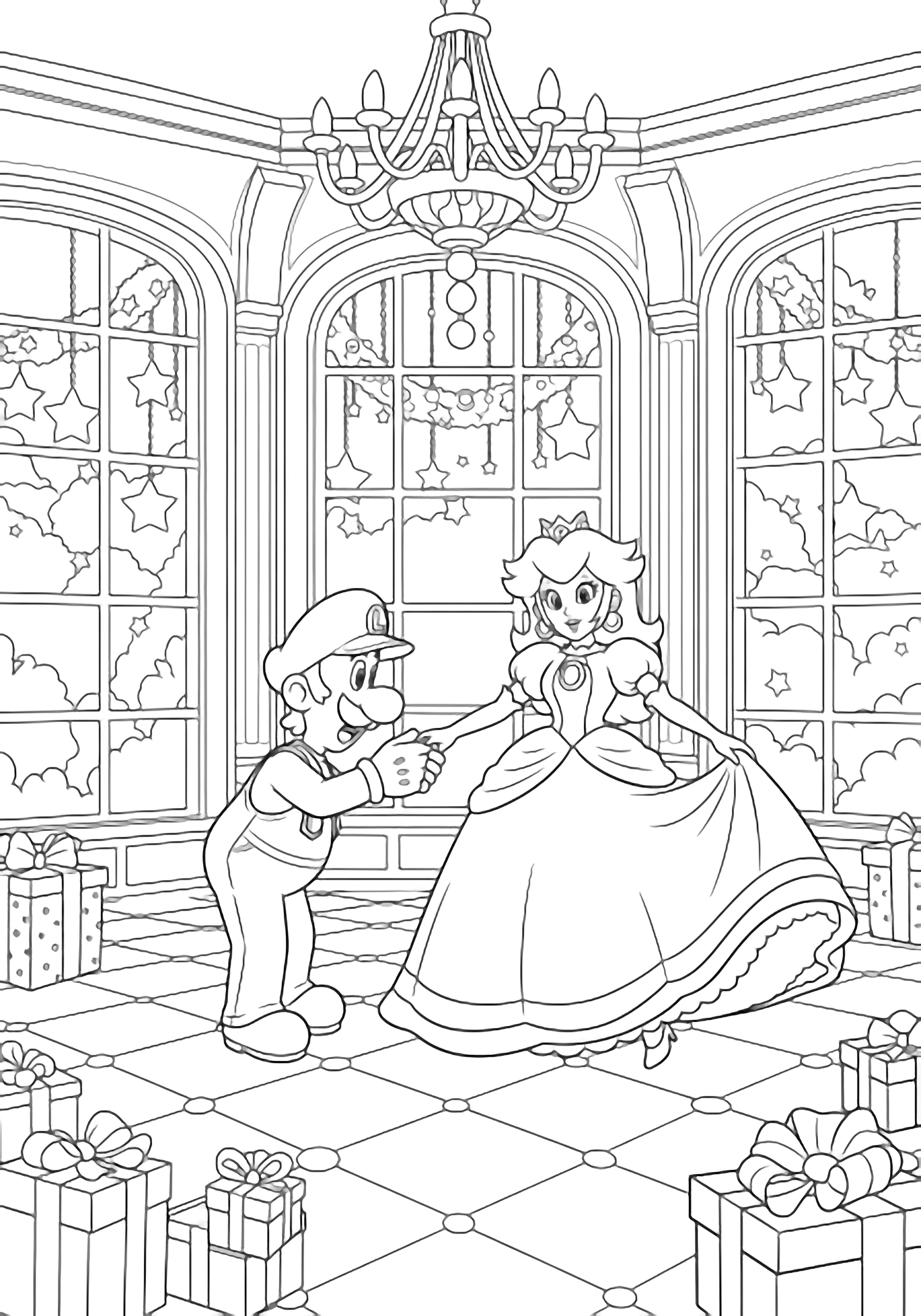 Luigi buigt, houdt Peach' hand vast terwijl ze draaien; haar jurk waaierd wijd uit in een groot balzaal versierd met guirlandes, kroonluchters, een betegelde vloer en cadeaudoosjes. kleurplaat