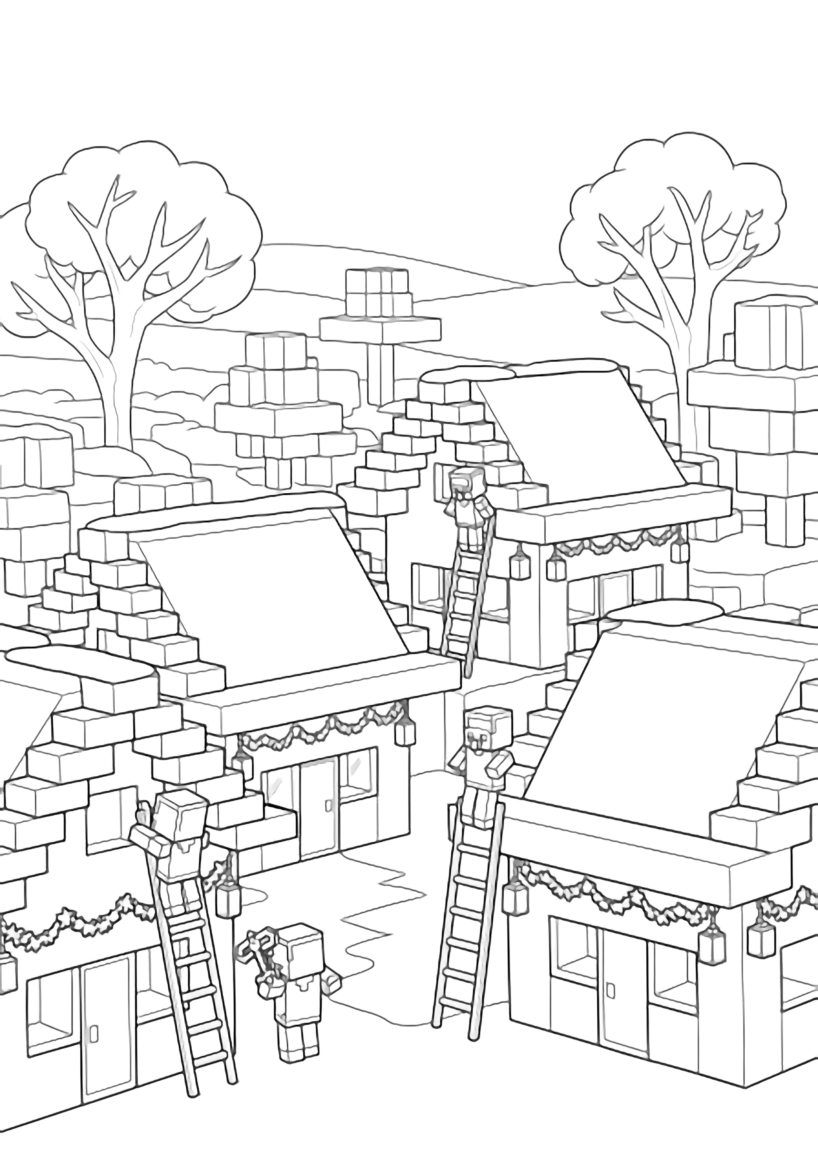 Tiny blocky villagers on ladders decorate wooden houses with garlands amid snow-dusted roofs, bare trees and rolling hills. kleurplaat