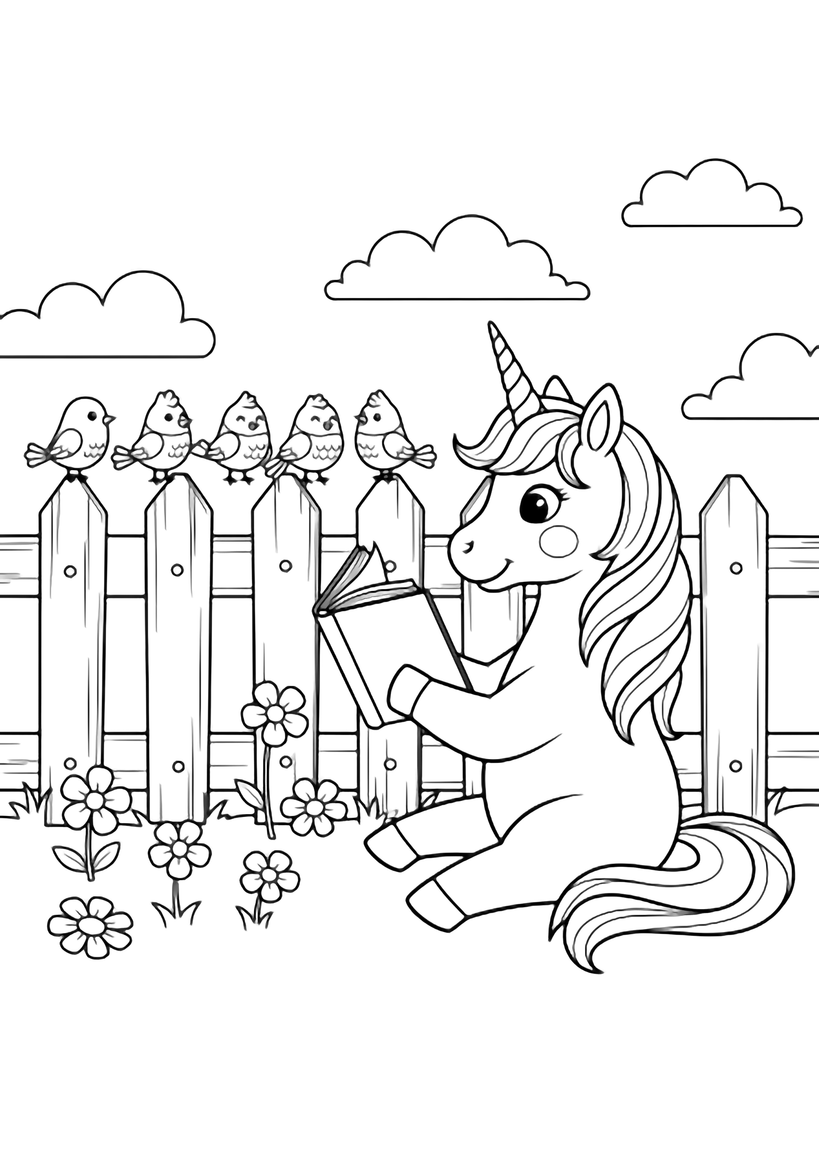 A smiling unicorn sits by a picket fence, showing an open book to five little birds perched on the rail, framed by clouds and flowers. kleurplaat