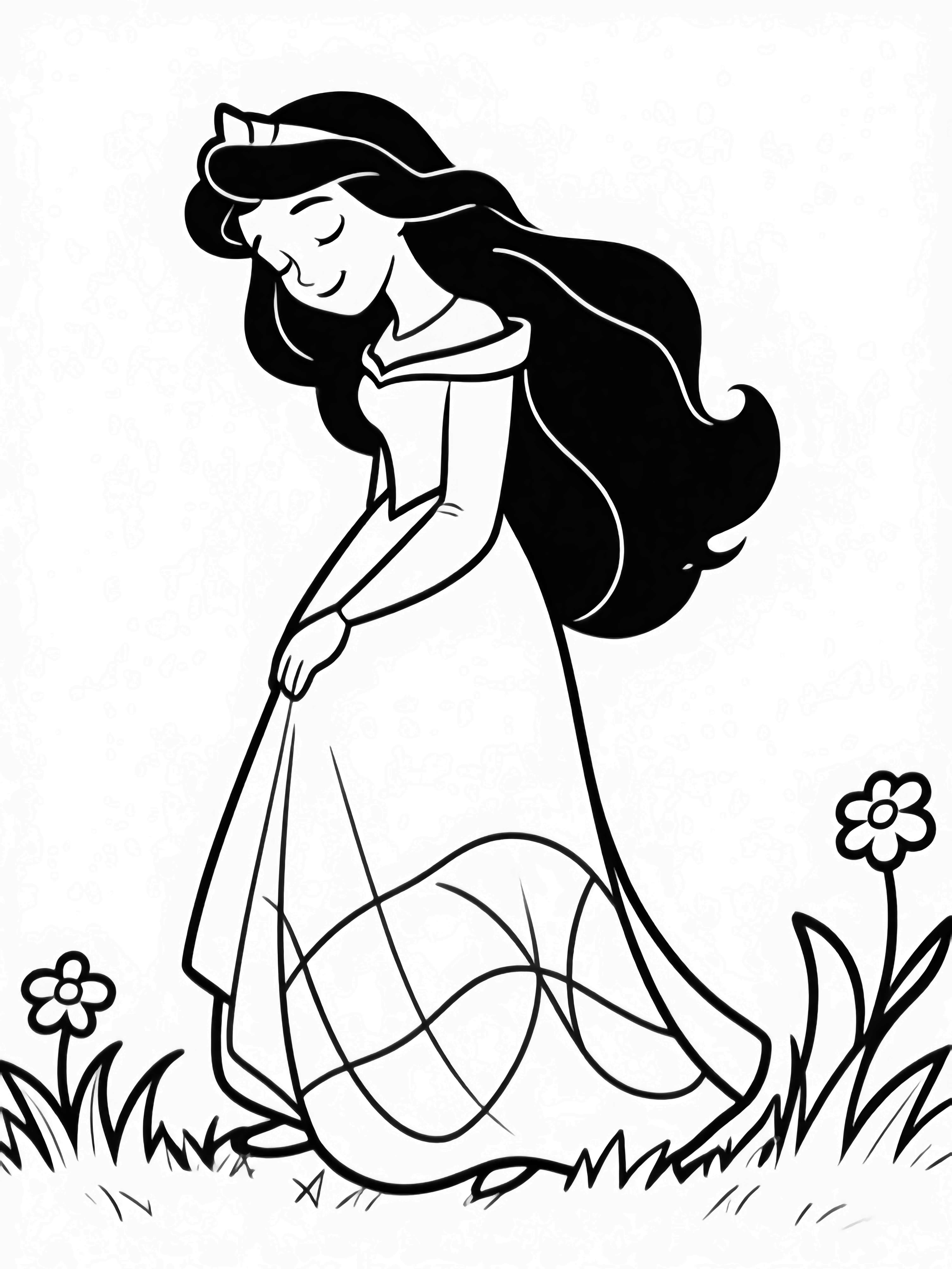 Princess Aurora stands with head gently tilted, long dark hair flowing, eyes closed in a soft smile, wearing a simple gown, minimal grass and flowers near her feet. kleurplaat