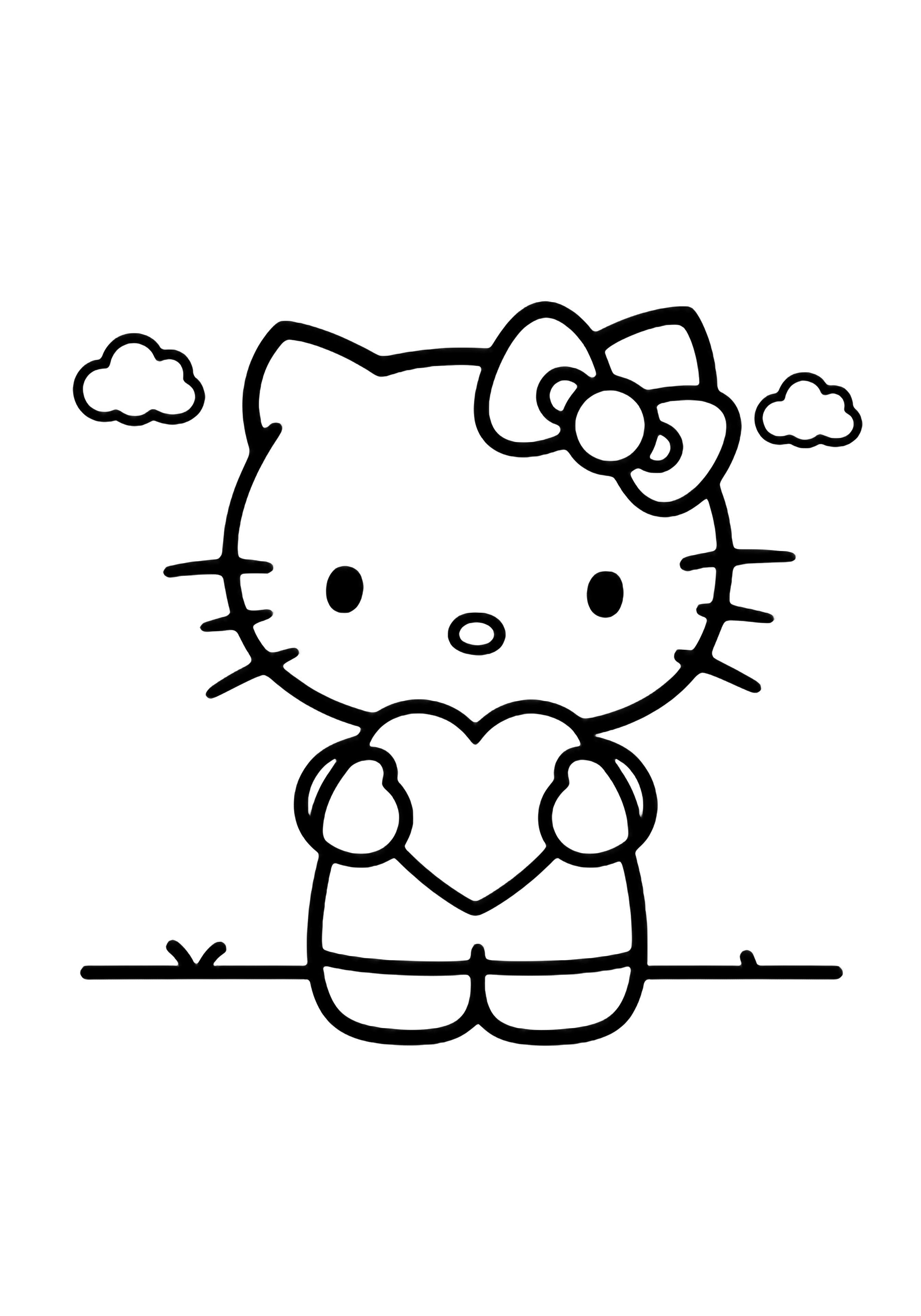 Hello Kitty with a big bow, round paws holding a large heart, tiny clouds behind, simple ground line. kleurplaat