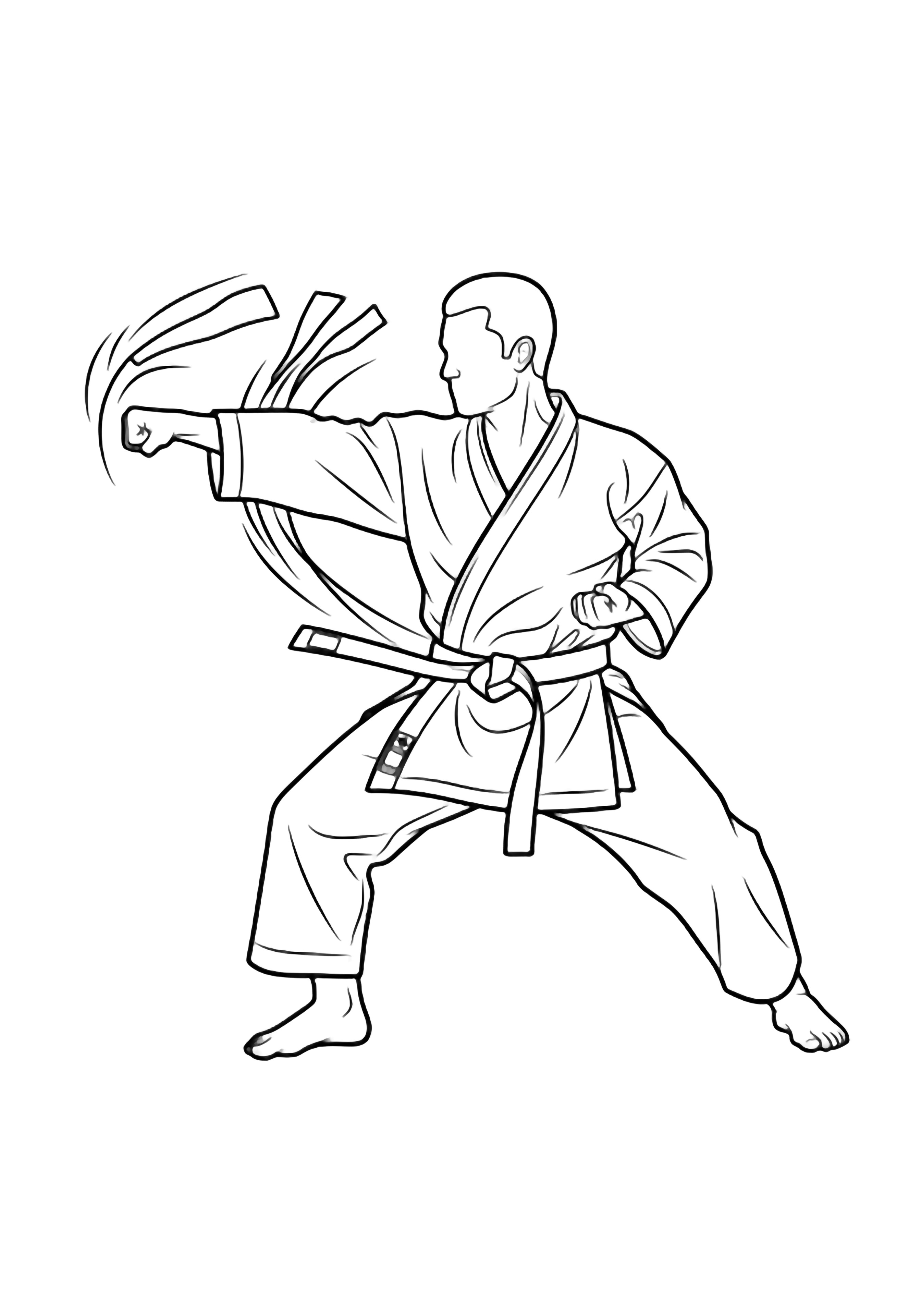 Karate master in deep stance, one arm thrust forward, other fist at hip; gi open, belt ends flying. kleurplaat