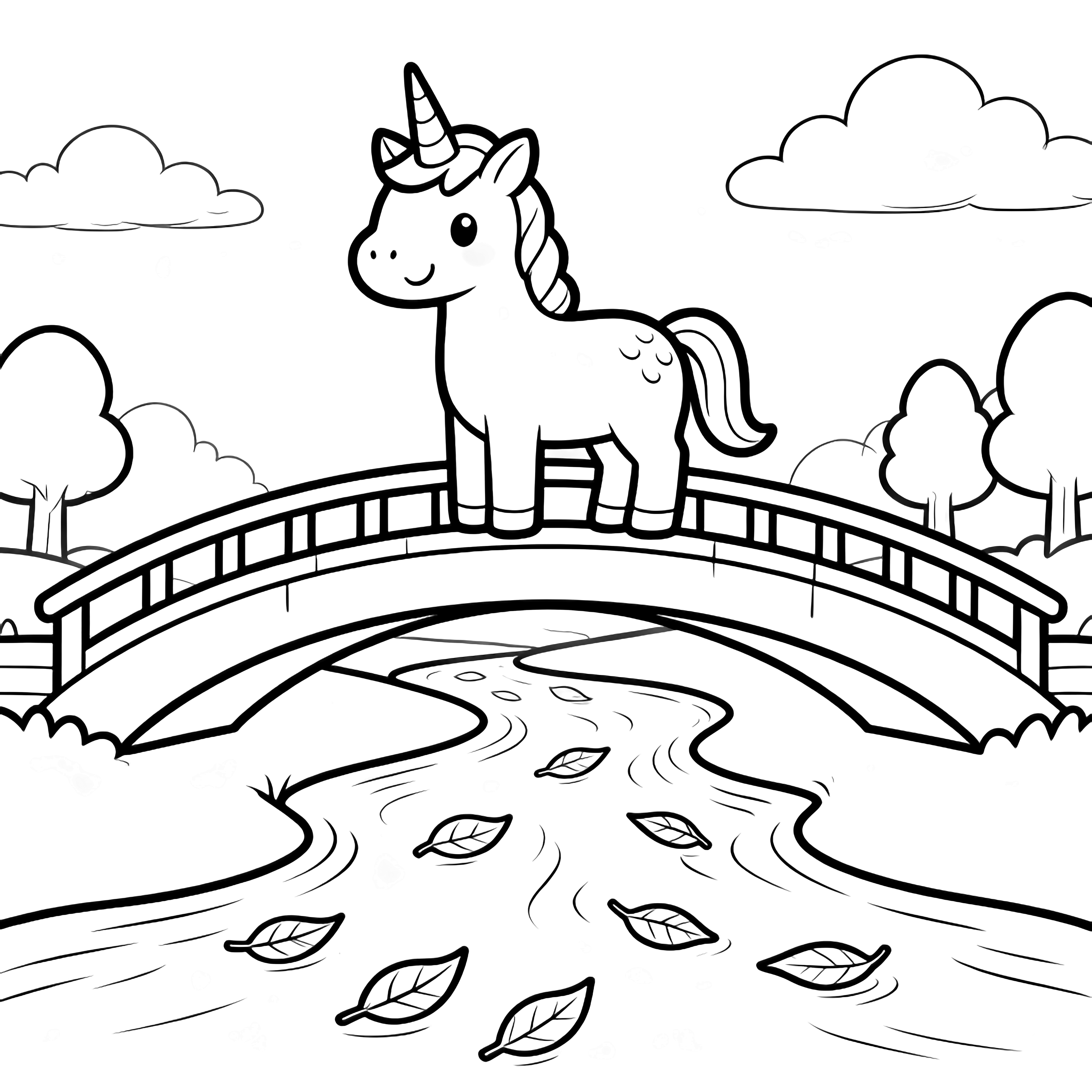 A smiling unicorn stands on an arched bridge above a gentle river with drifting leaves; distant clouds and trees complete the scene. kleurplaat