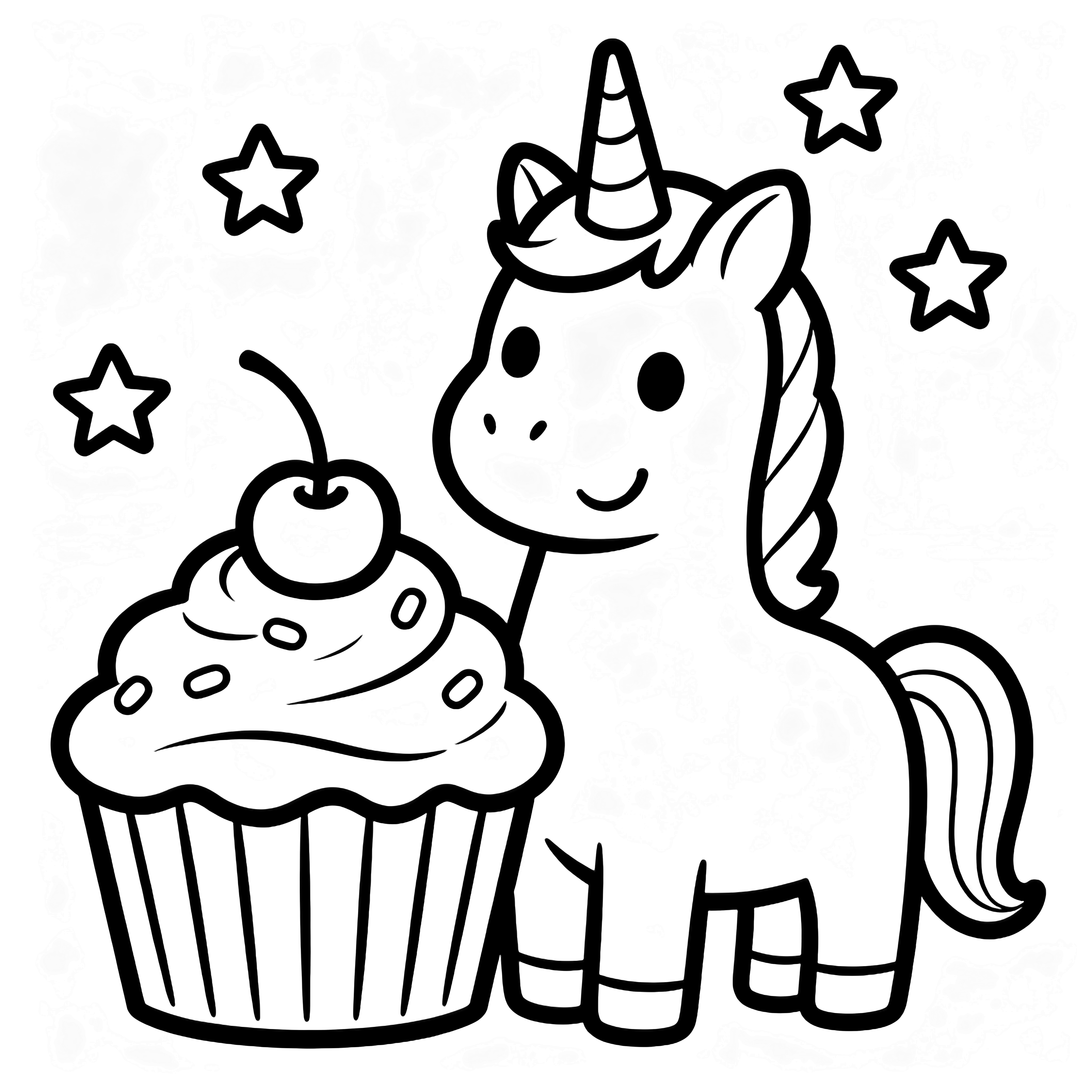 A cheerful unicorn stands next to a tall cherry-topped cupcake, surrounded by floating five-point stars. kleurplaat